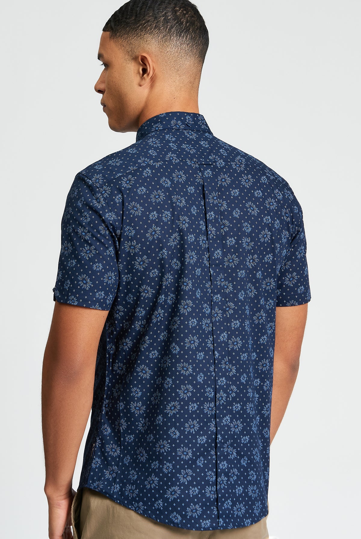 Short Sleeve Floral Geo Print Shirt - Dark Navy - Back View