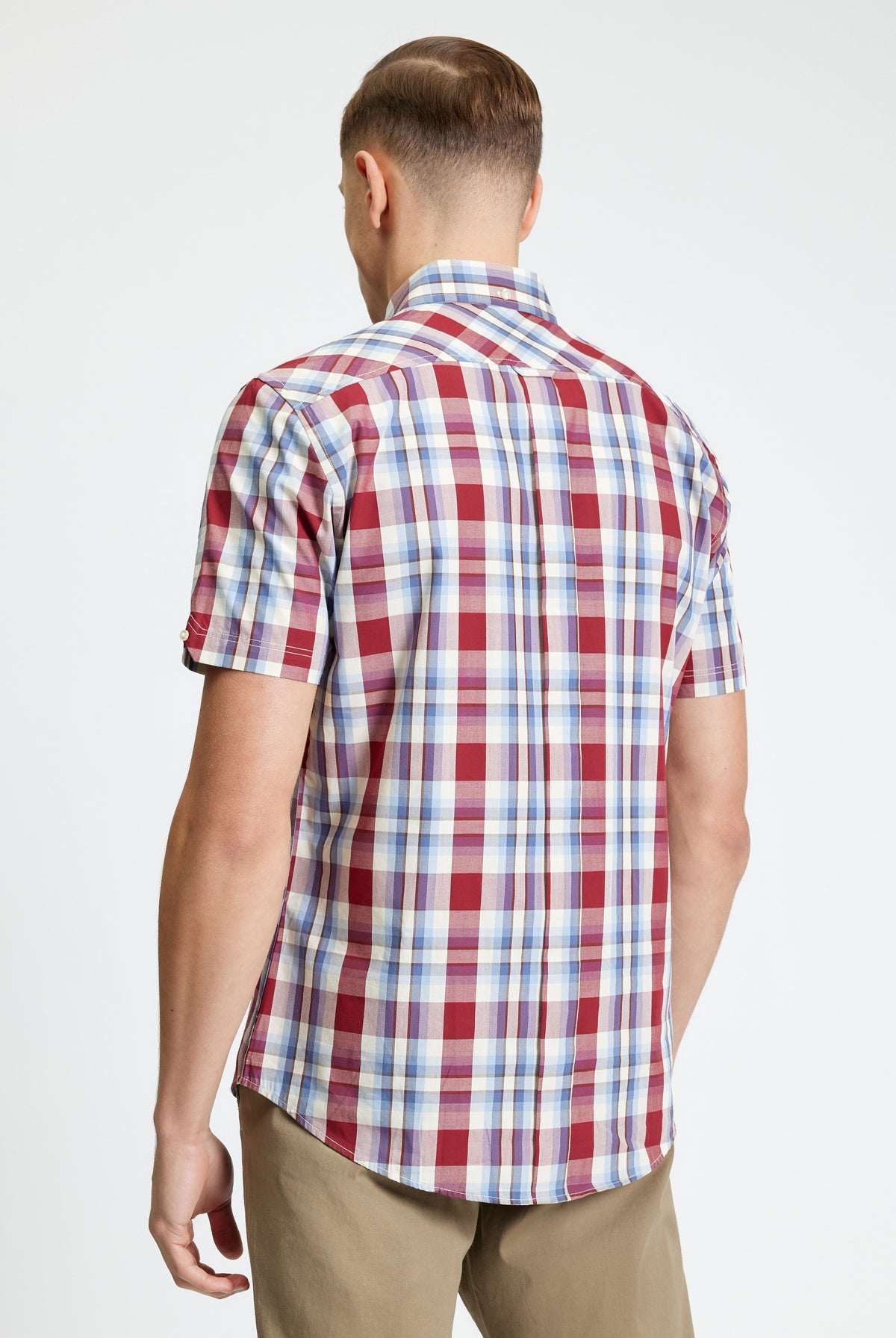 Classic Check Shirt – back view, short sleeve, red and blue plaid, crafted from organic cotton for comfort.