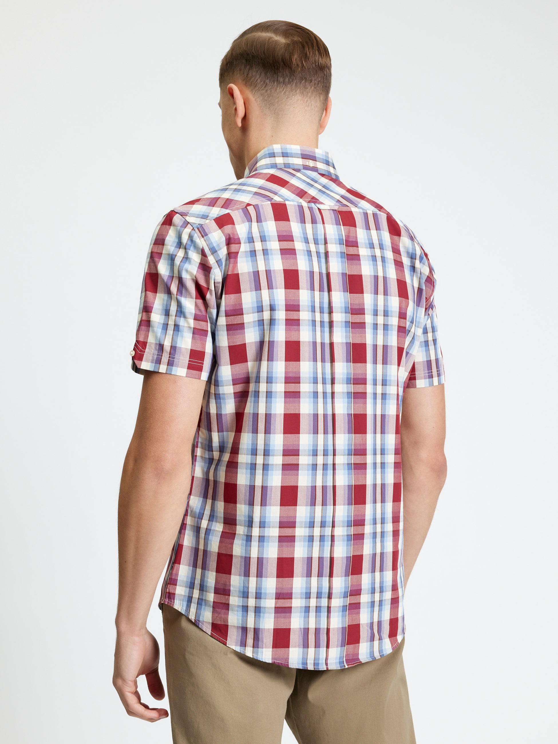 Classic Check Shirt – back view, short sleeve, red and blue plaid, crafted from organic cotton for comfort.