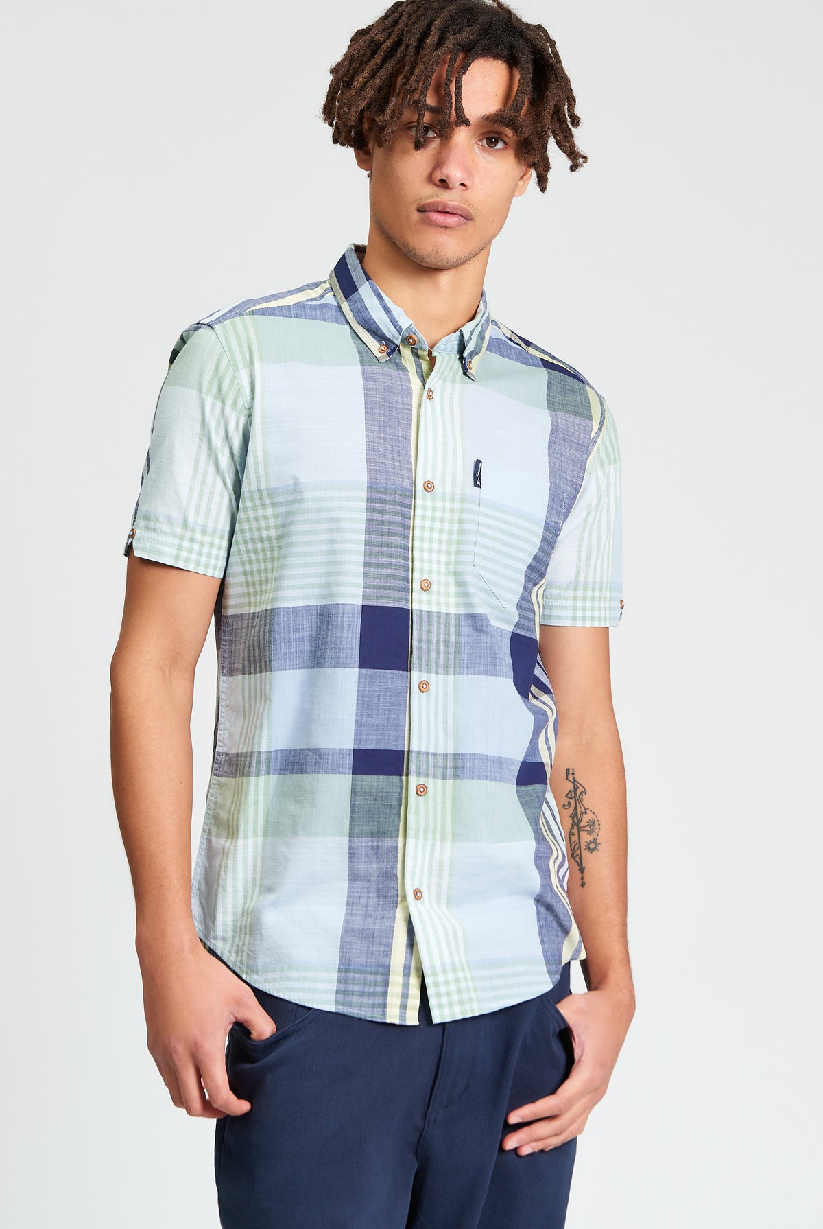 Short Sleeve Large Madras Check Shirt - Powder Blue - Styled
