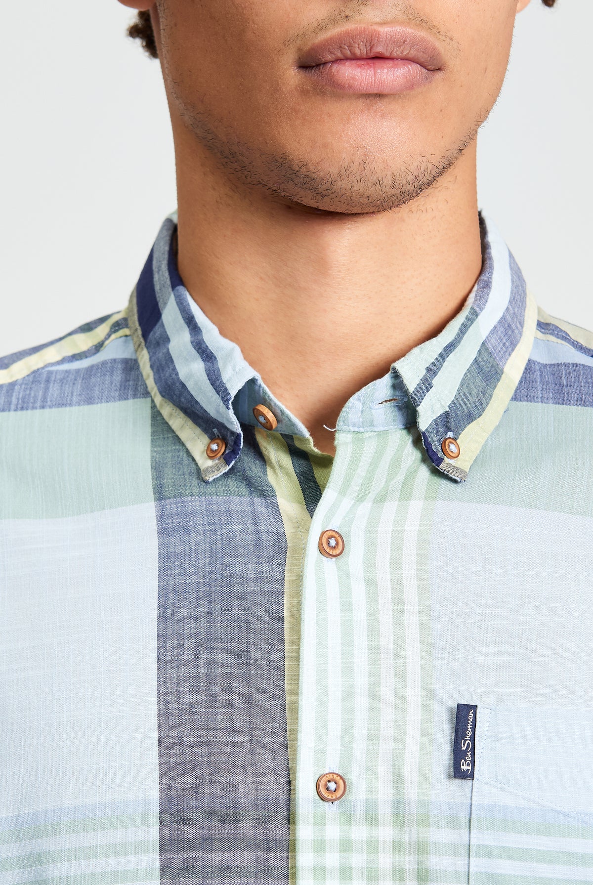 Short Sleeve Large Madras Check Shirt - Powder Blue - Close-Up