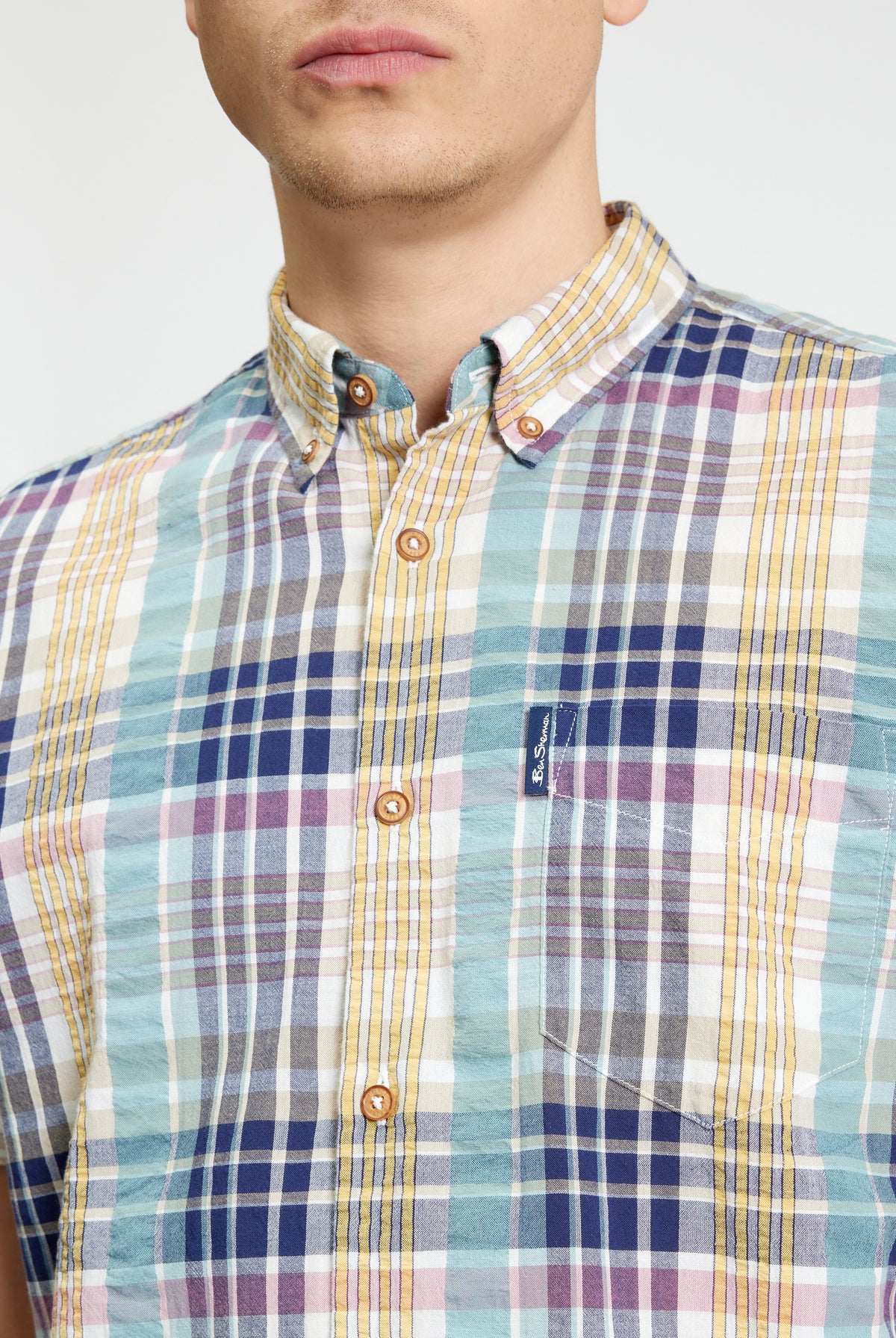 Short Sleeve Seersucker Check Shirt - Aqua - Close-Up