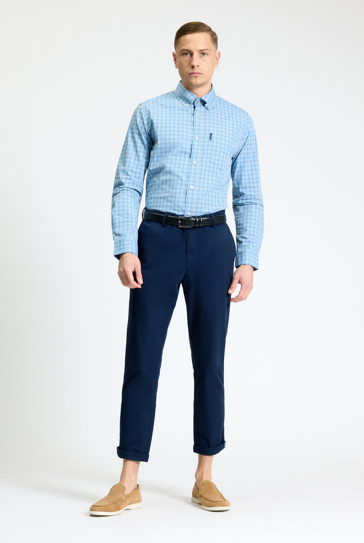 Linear Gingham – blue long sleeve shirt with button-down collar, styled with navy pants and casual shoes.