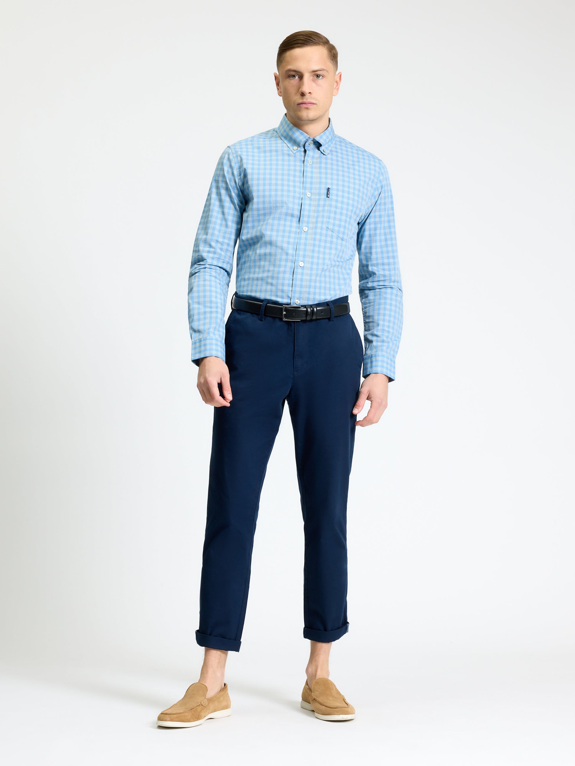 Linear Gingham – blue long sleeve shirt with button-down collar, styled with navy pants and casual shoes.