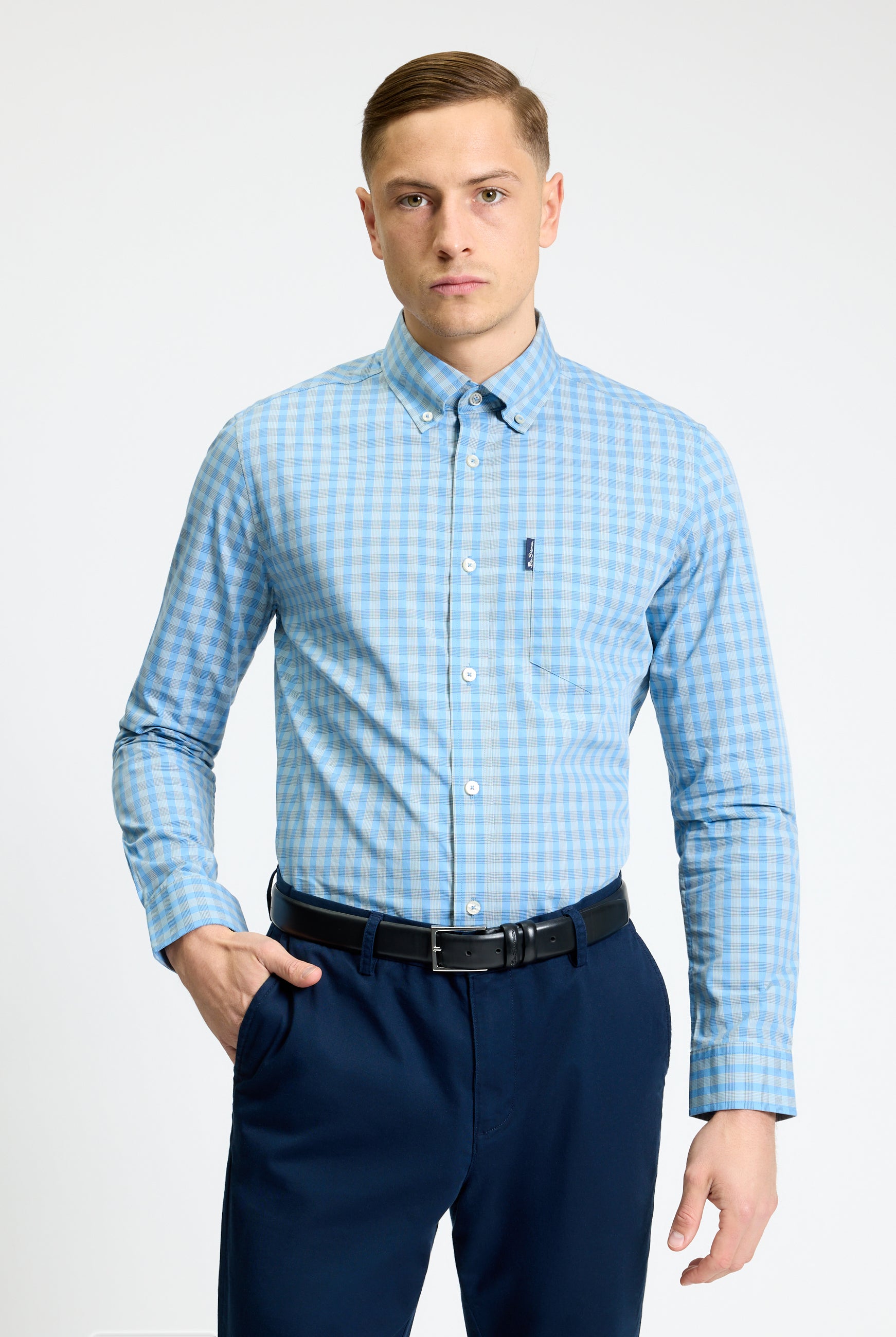 Linear Gingham long sleeve shirt by Ben Sherman in blue check pattern, perfect for modern versatility and comfort.