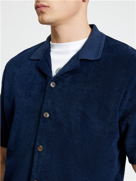 Towelling Button Through Shirt – navy blue – crafted from 100% cotton with a classic button-through design.