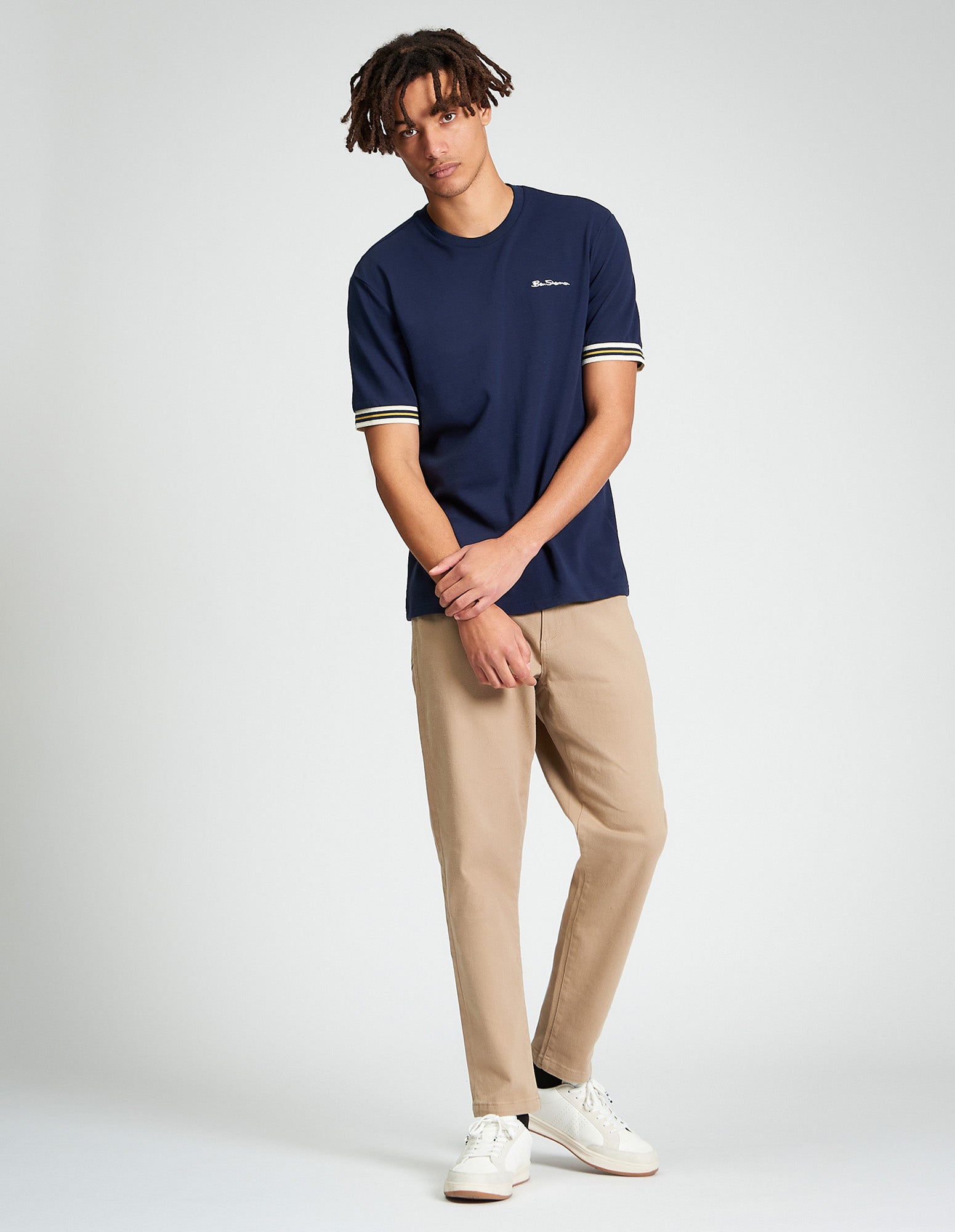 Pique Tipped Tee β Navy β featuring contrast colour-block cuffs and Ben Sherman logo embroidery.