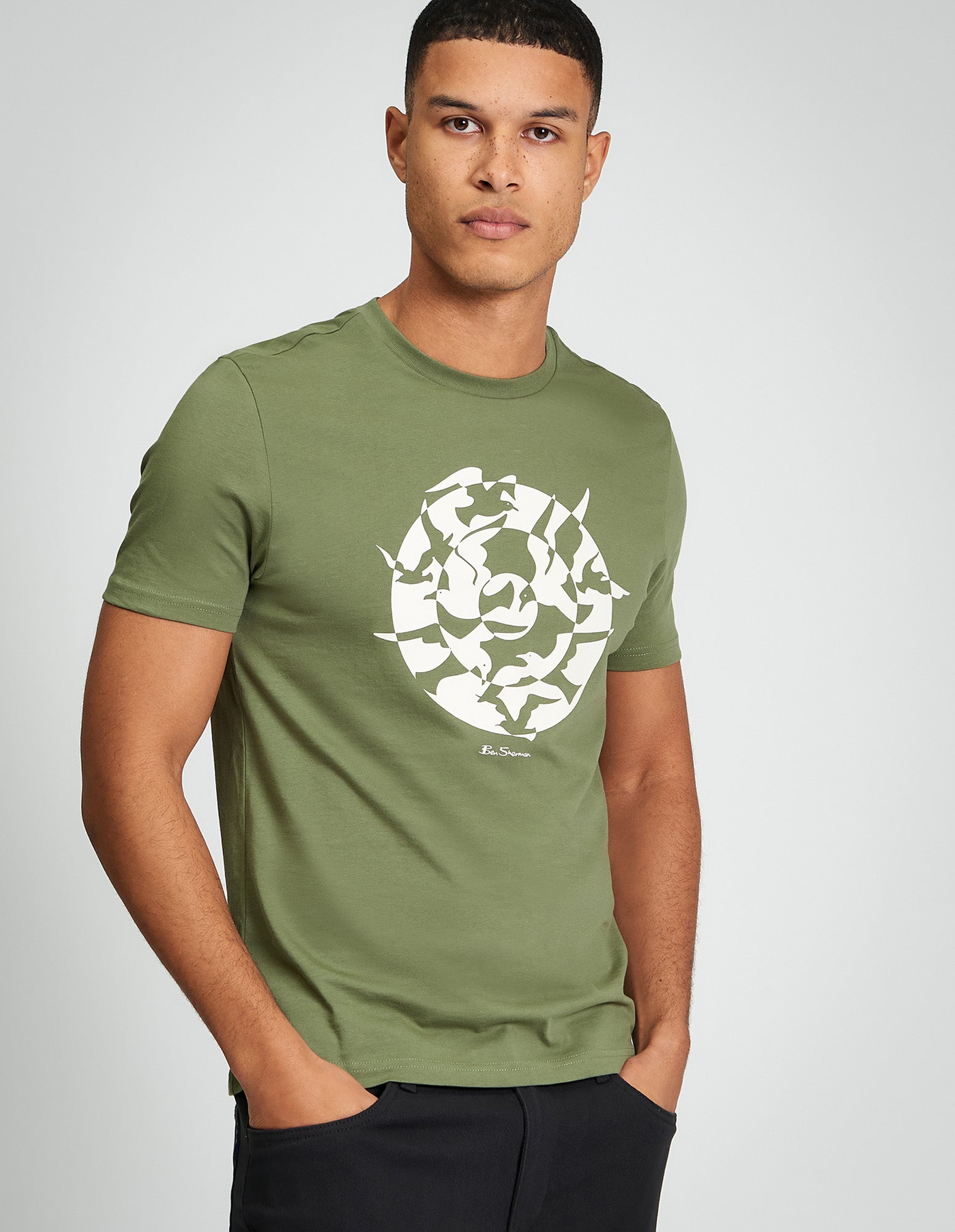 Seagull Target Tee – olive green organic cotton t-shirt with target and seagull graphic design by Ben Sherman