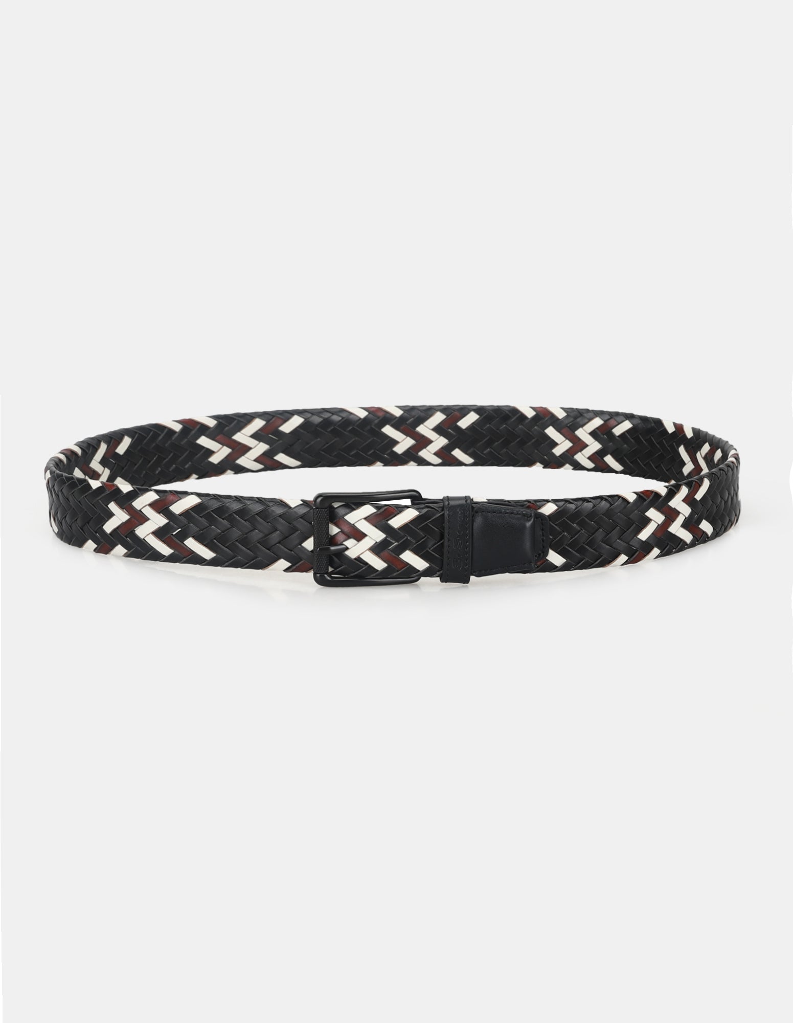 WOVEN BELT – multi-colored braided design with black leather buckle.