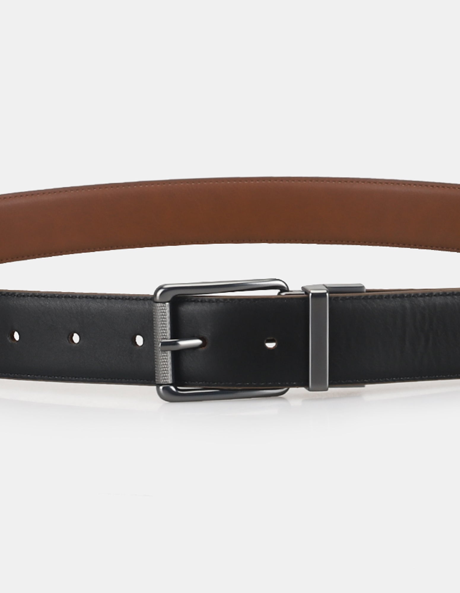 2 BUCKLE BELT SET – black and brown leather belt with metal buckle.