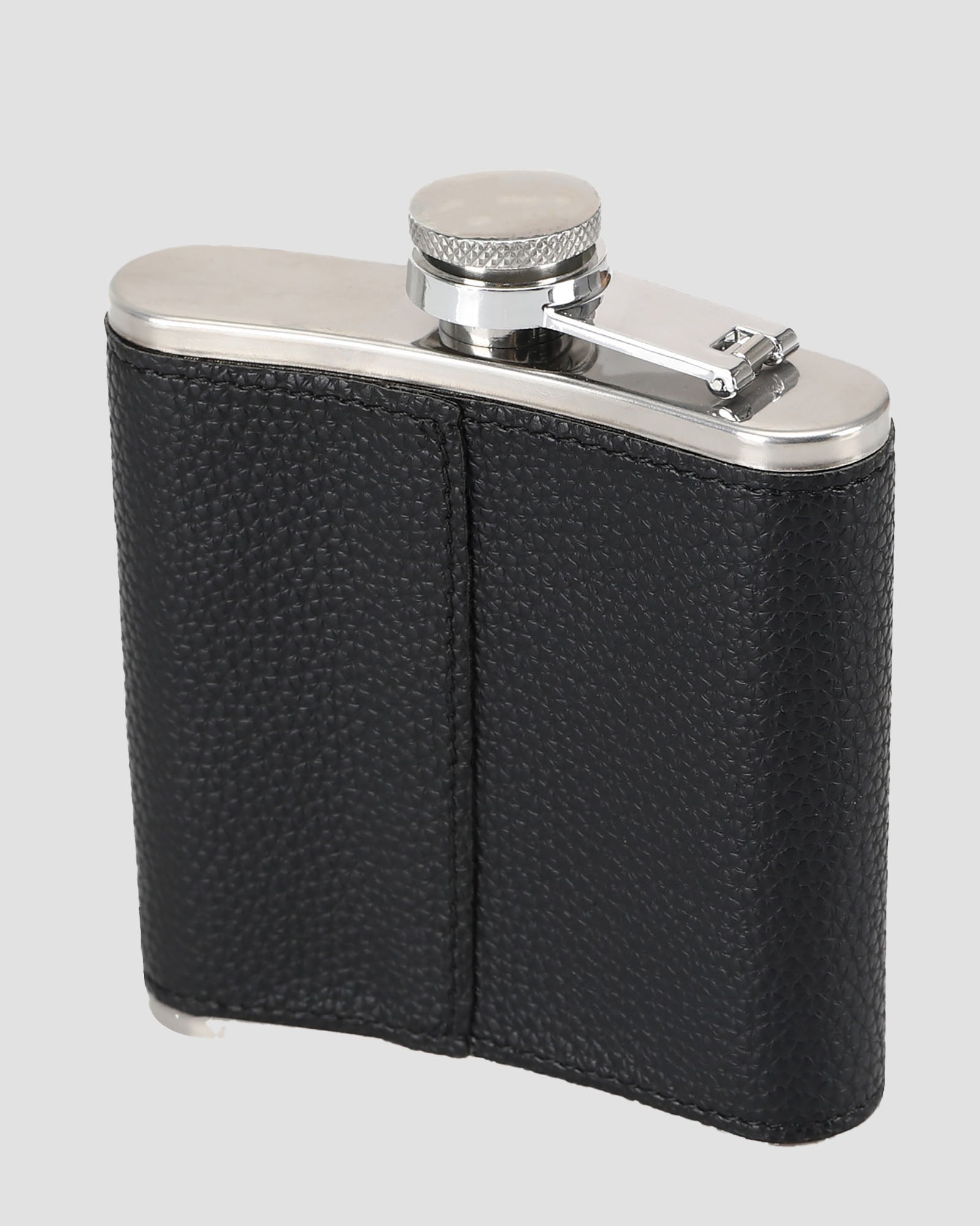 Hip Flask Gift Set – textured stainless steel hip flask with faux leather wrap and screw top.