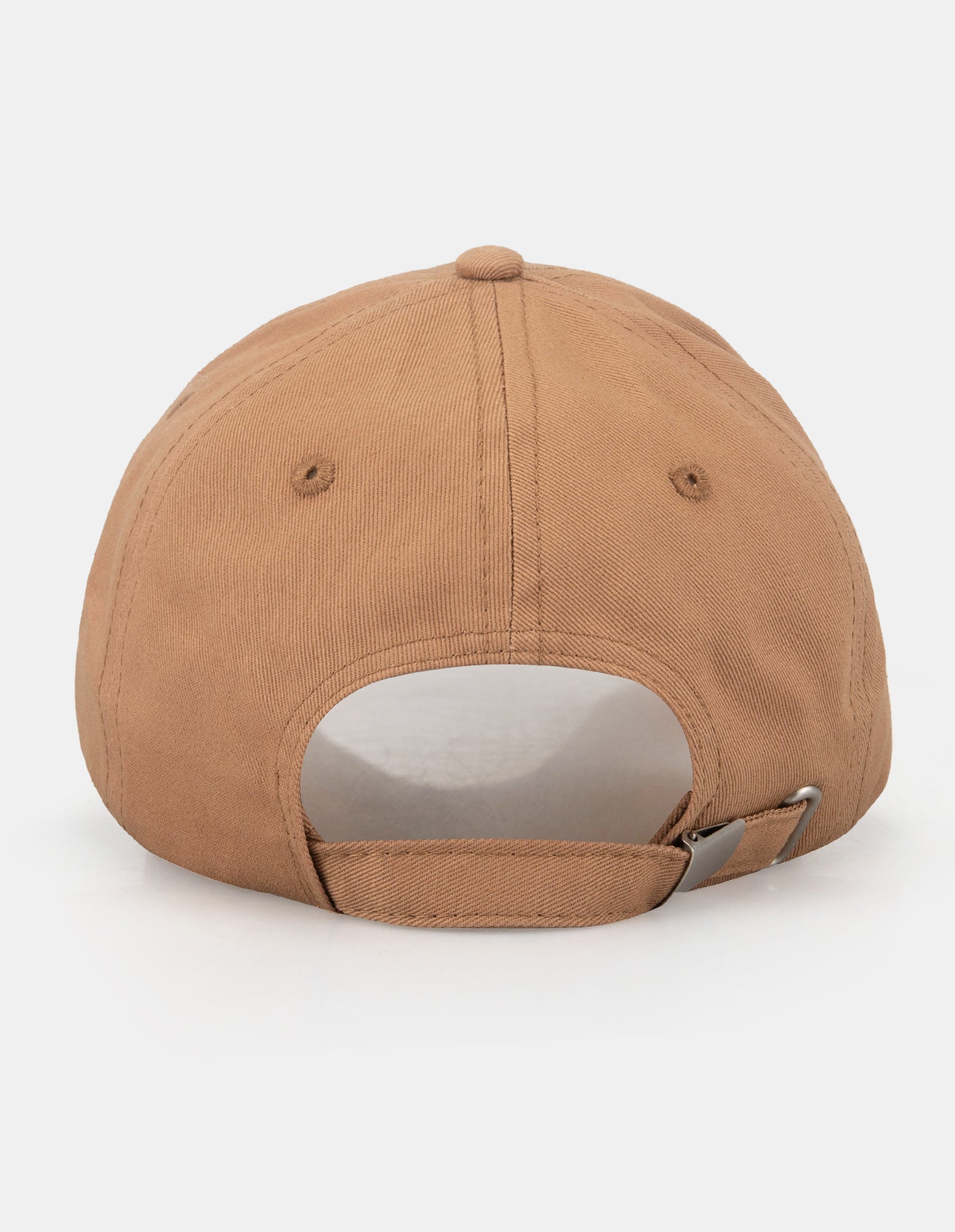 Back view of a BRANDED LOGO CAP featuring an adjustable strap in a brown color.