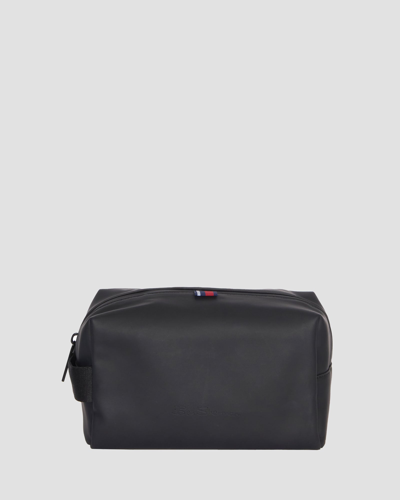 Water Resistant Toiletry Bag – Black with logo, ideal for travel and home use.
