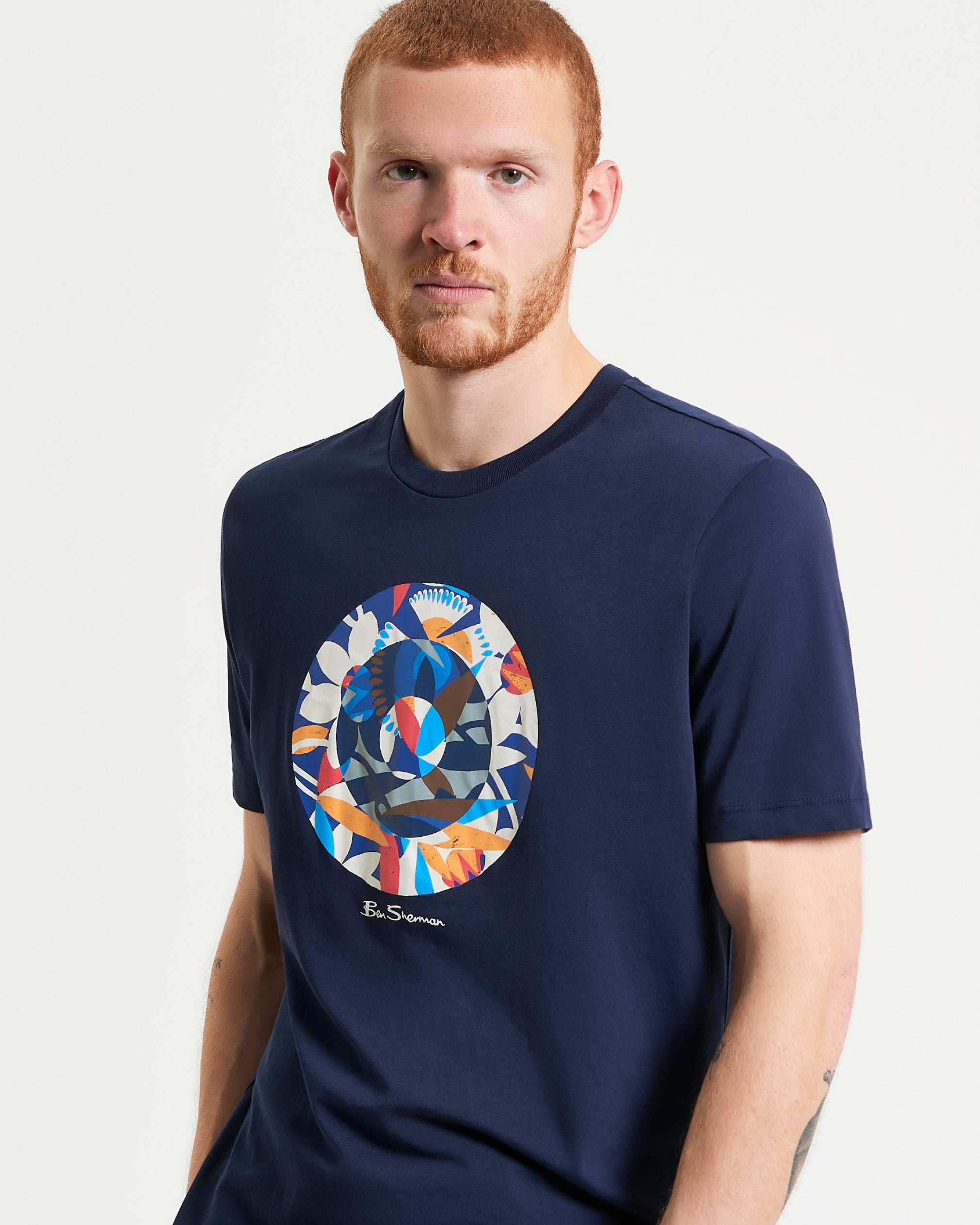 Man wearing Ben Sherman Tropical Target t-shirt in Navy Blue