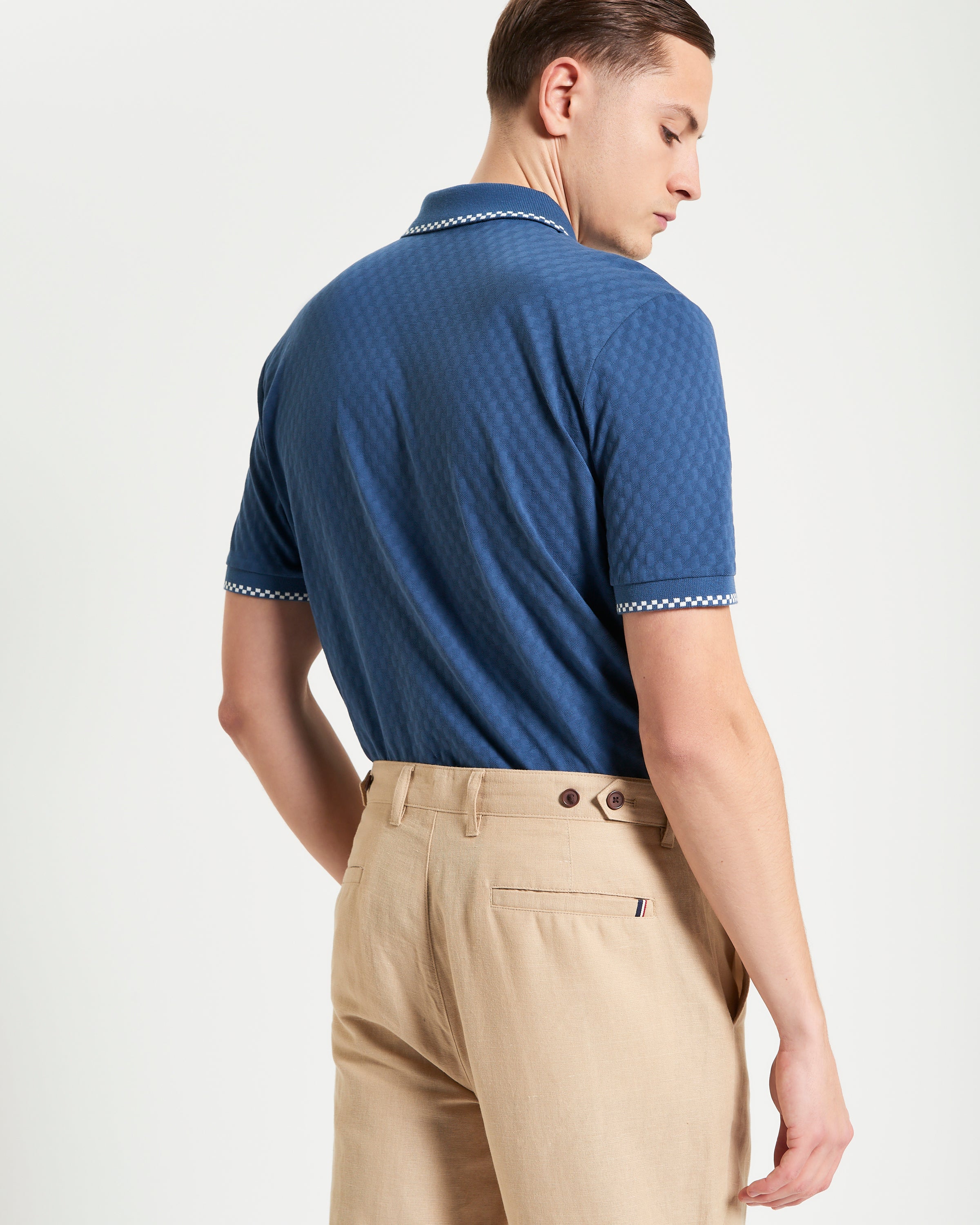 Chequerboard Texture Polo – Blue – Relaxed fit with a textured cotton design and two button placket.
