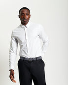 Stipple Spot Print – long sleeve cotton shirt with modern fit and curved hem for smart-casual style.