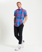 Large Madras Check short sleeve shirt in vibrant pink and blue check pattern, perfect for casual summer style.