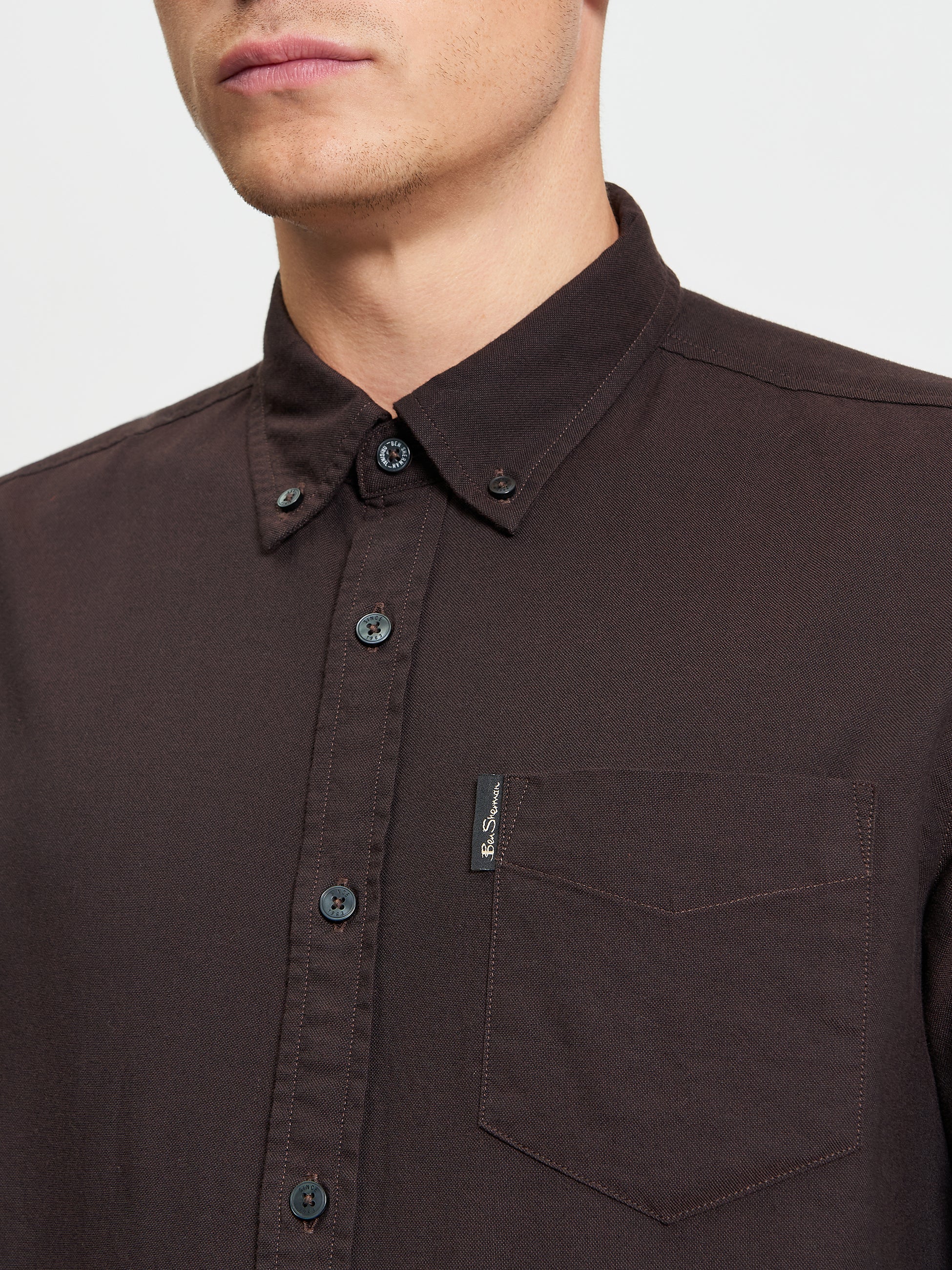 Signature Oxford Long Sleeve Shirt - Dark Brown - Close Up