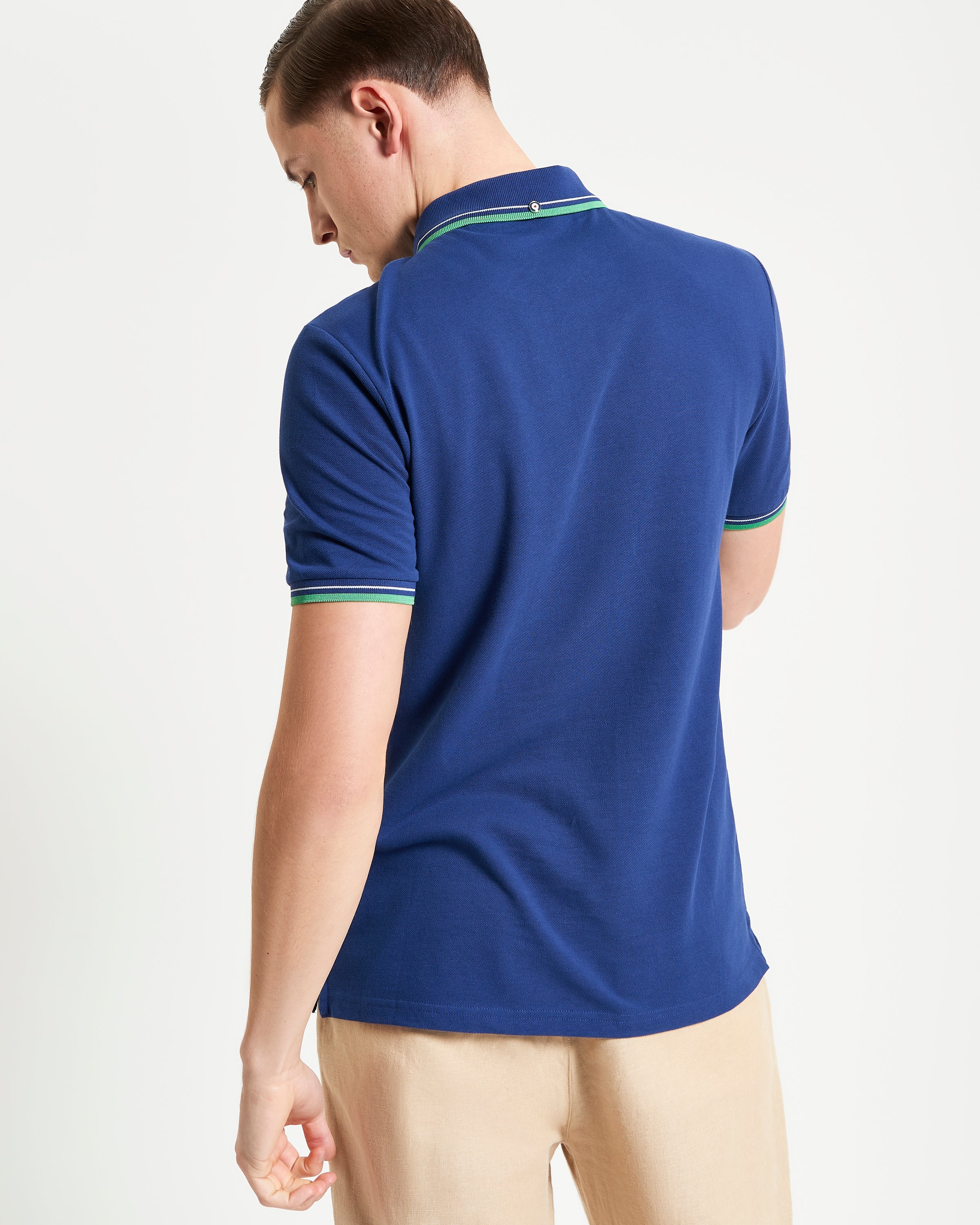Signature Pique Polo – Blue – Back view showcasing contrast detailing and regular fit
