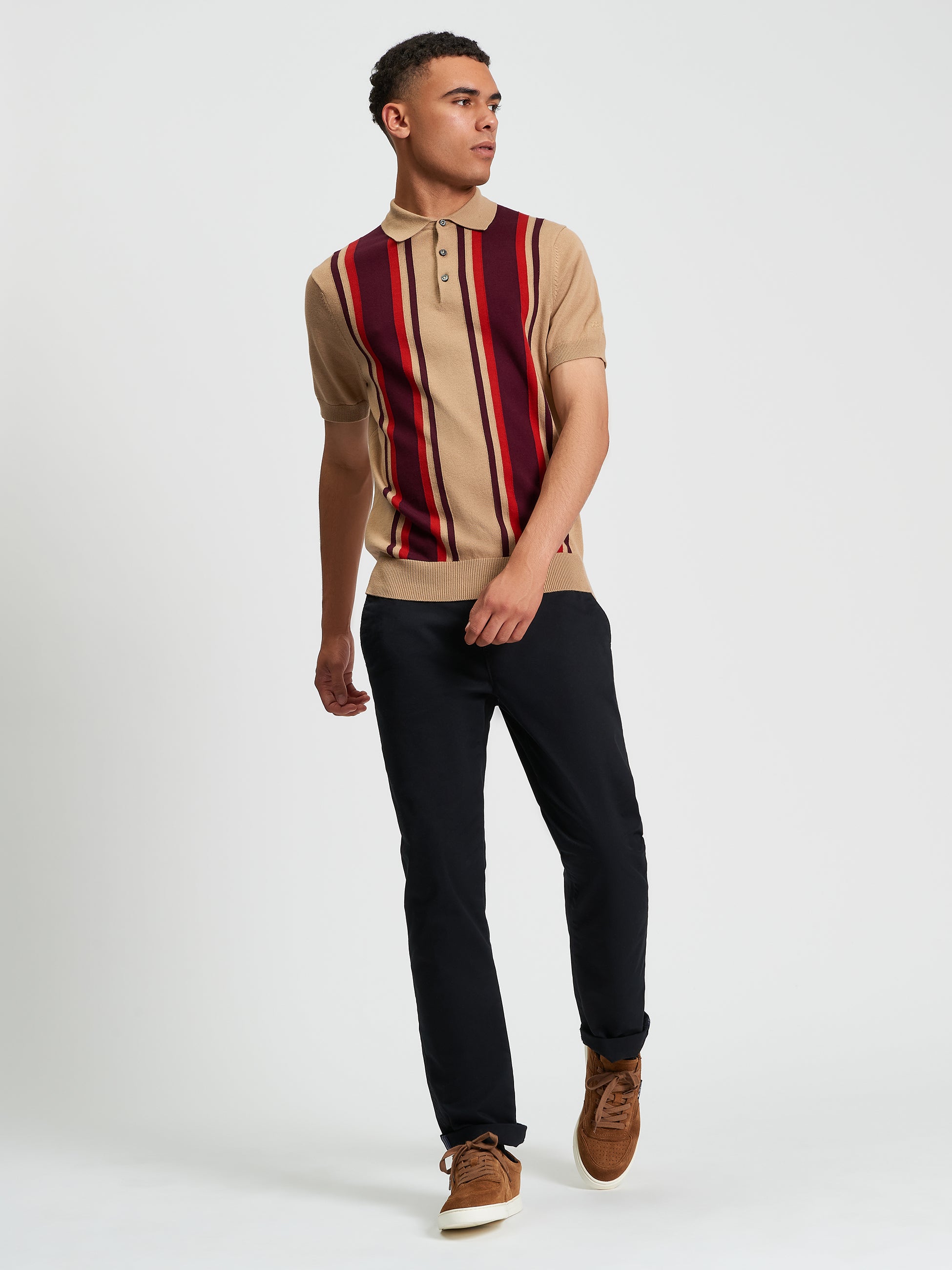 Stripe Knitted Polo Tan Biege
