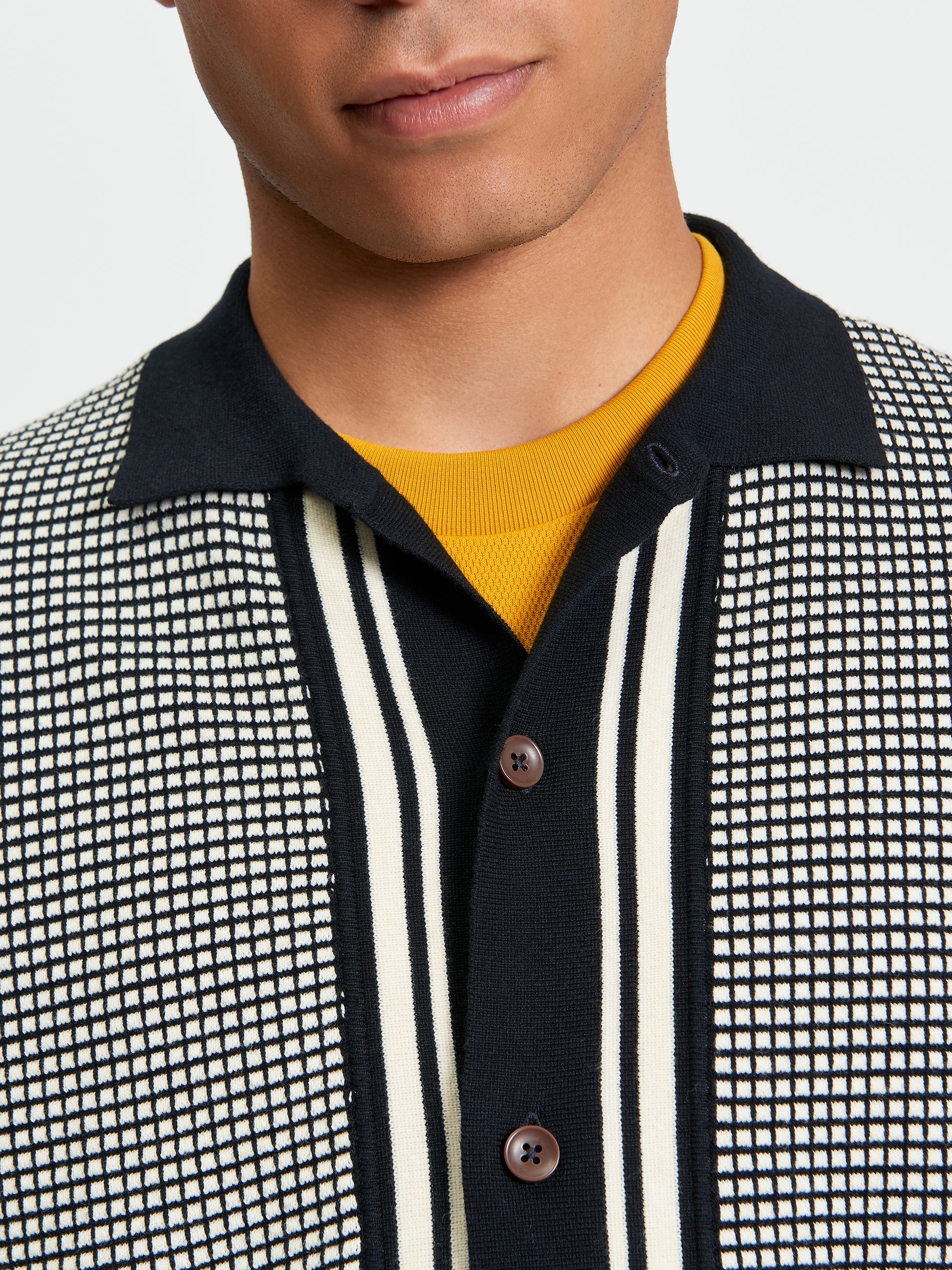 Bicoloured Button Through Polo - Black - Close Up