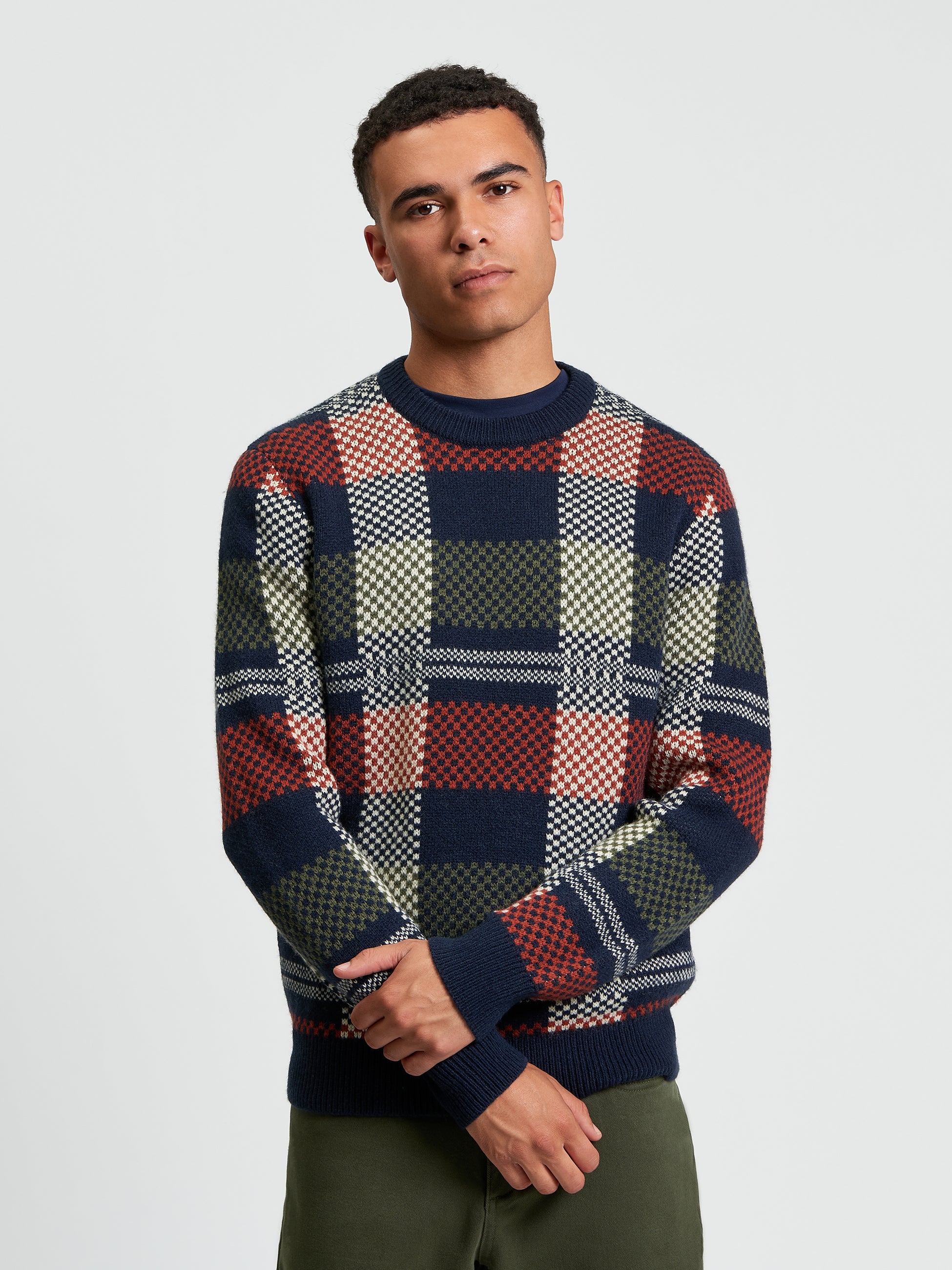 Jacquard Check Crew - Dark Navy - Front