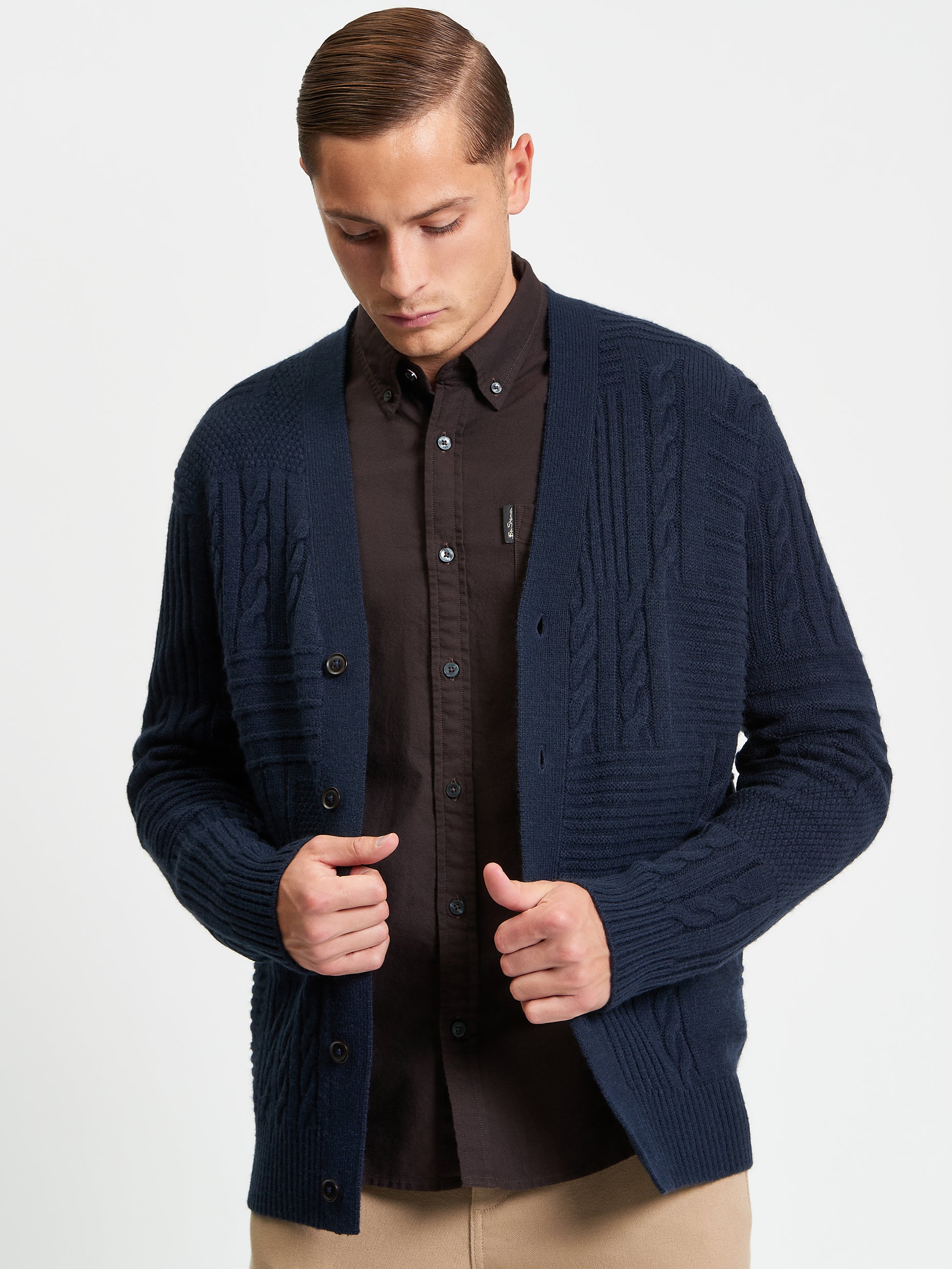 Texture Block Cardigan - Dark Navy - Front