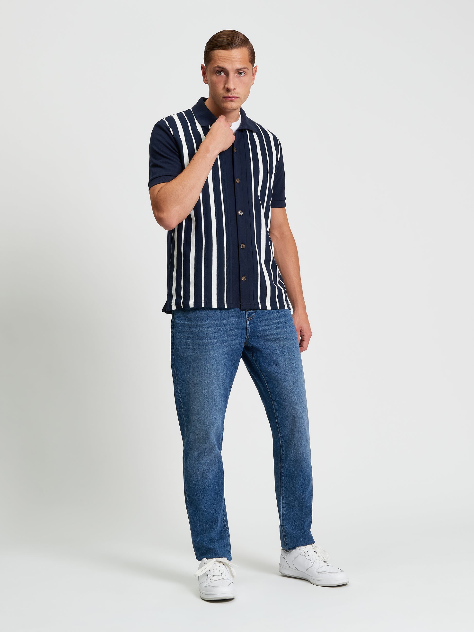Button Up Stripe Polo Navy