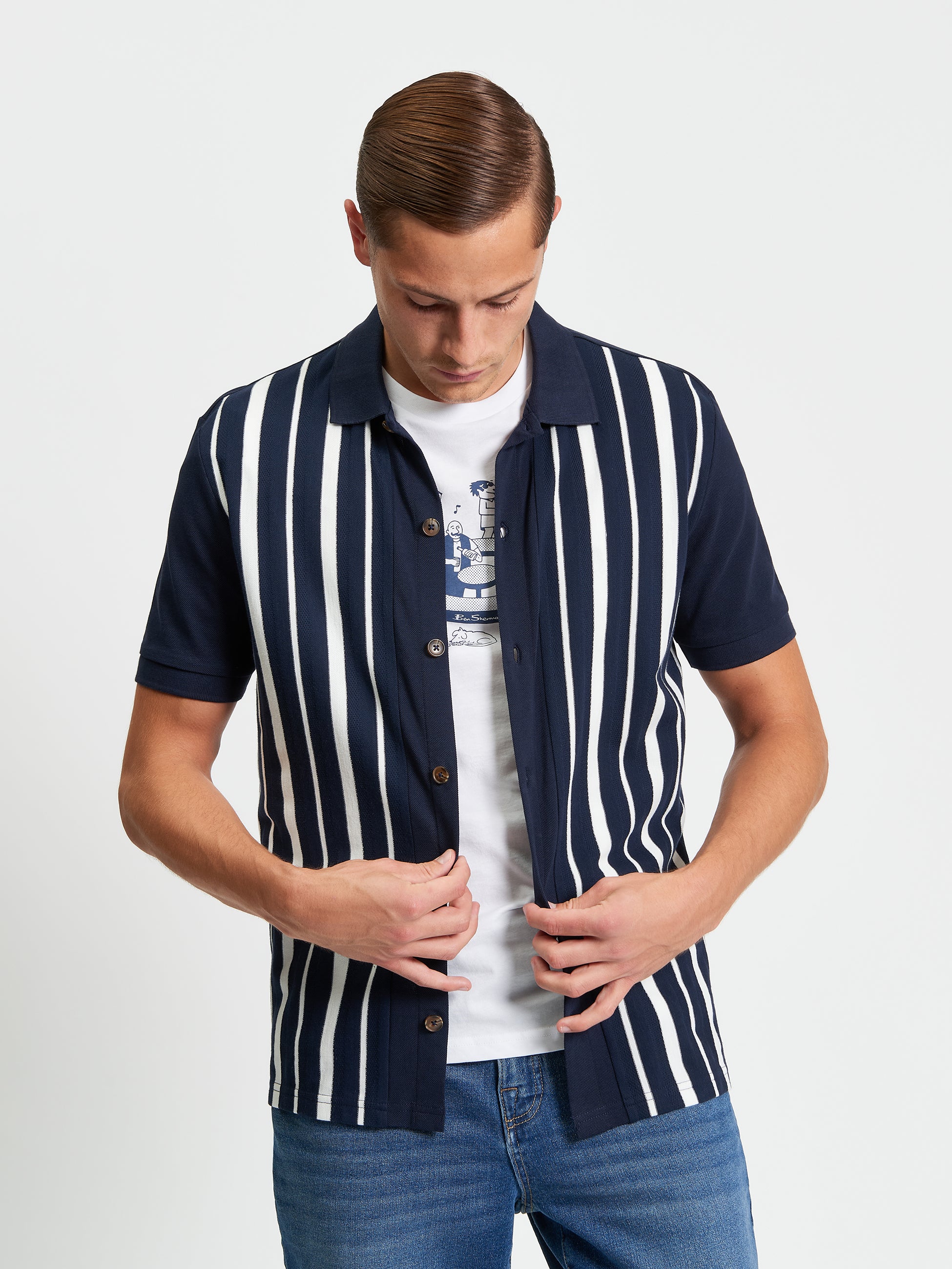 Button Up Stripe Polo Navy
