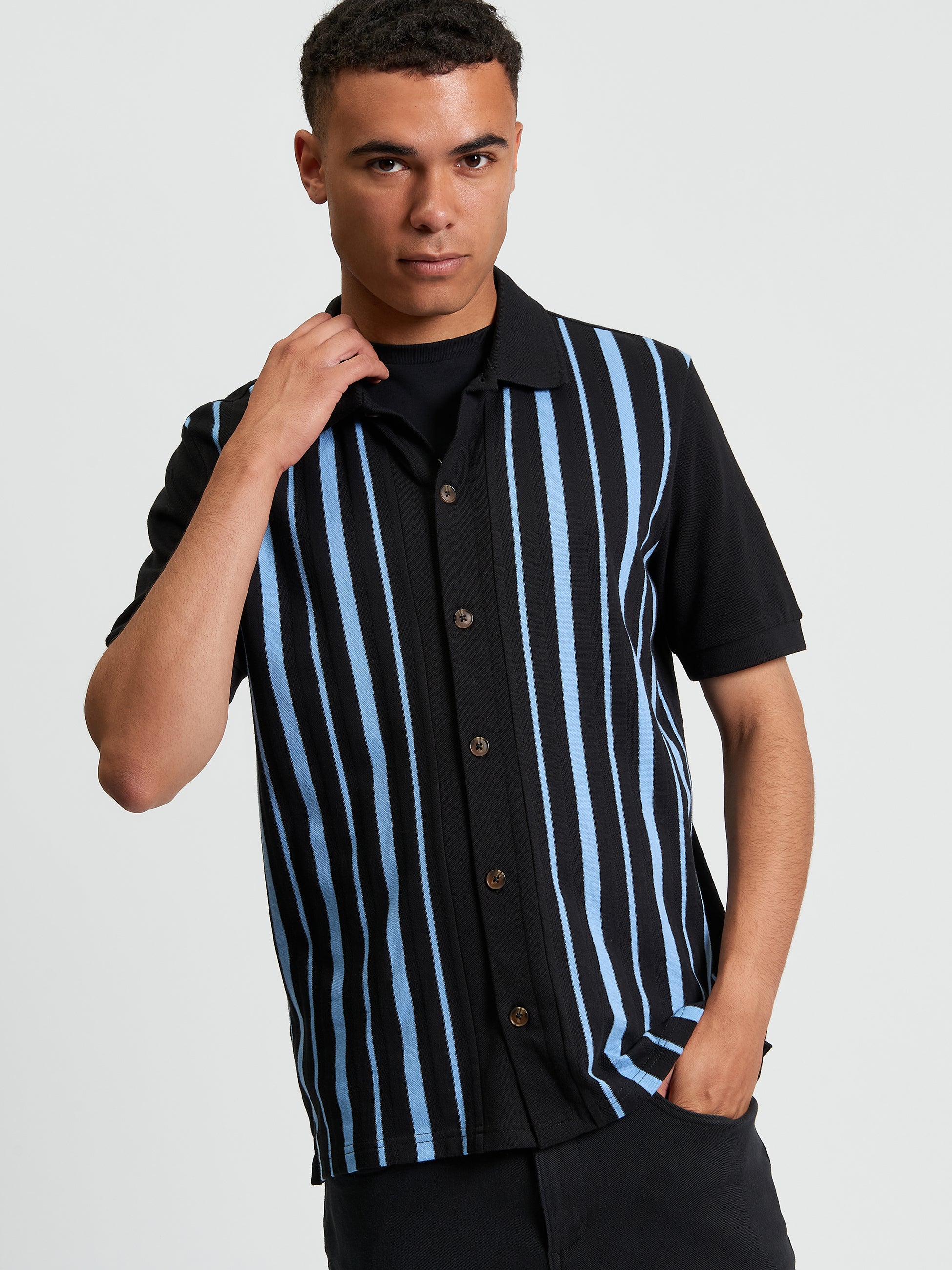 Button Up Stripe Polo Black