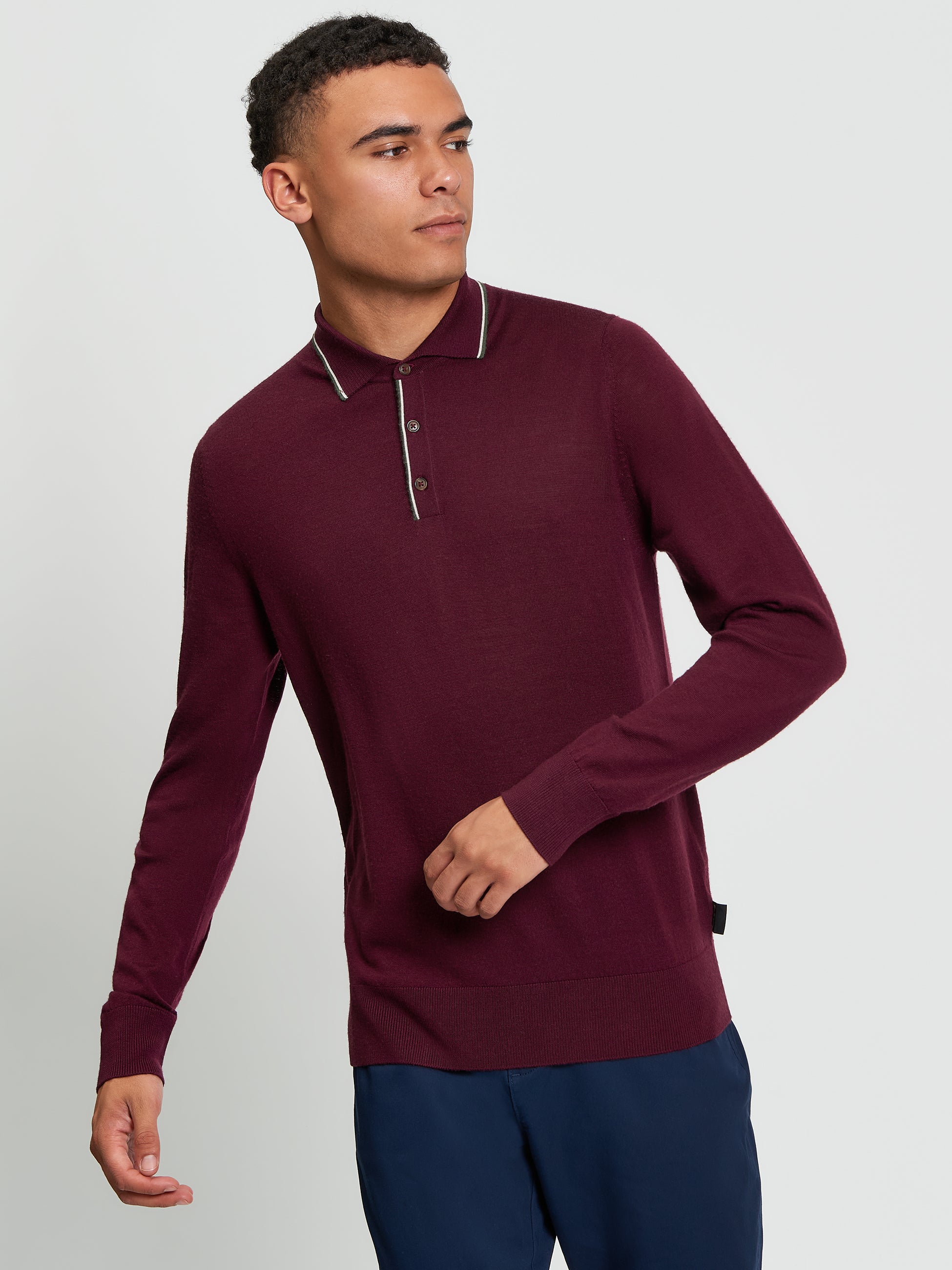Wool Polo Top Long Sleeve Burgundy