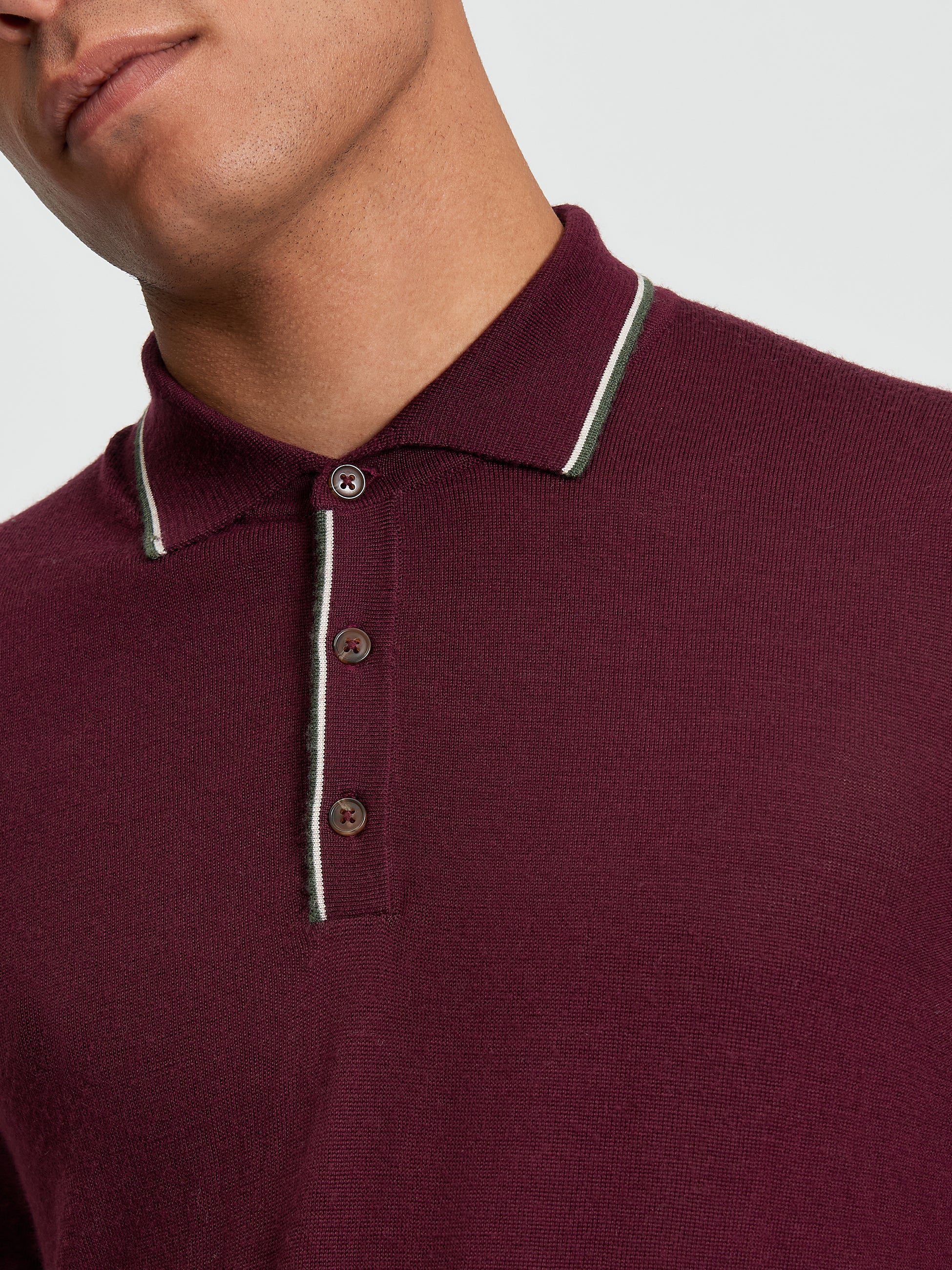 Wool Polo Top Long Sleeve Burgundy