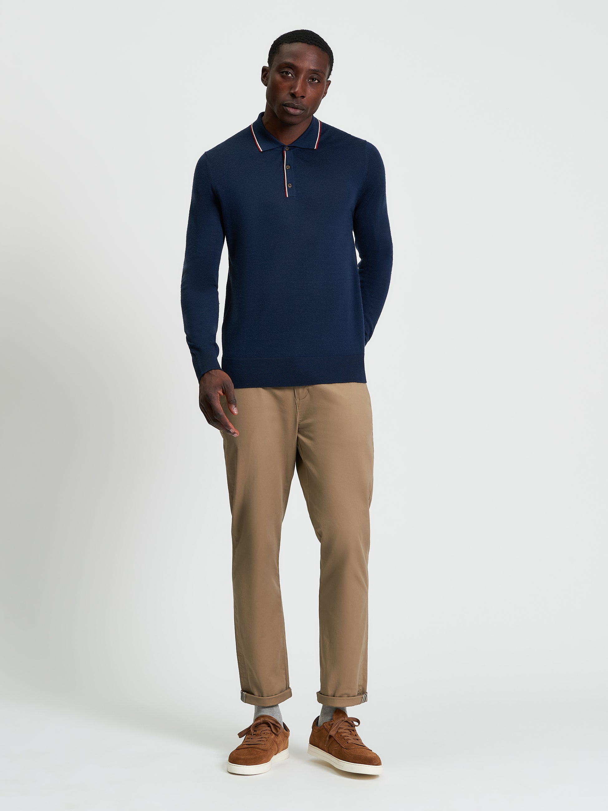 Tipped Merino Wool Polo - Dark Navy - Full Length