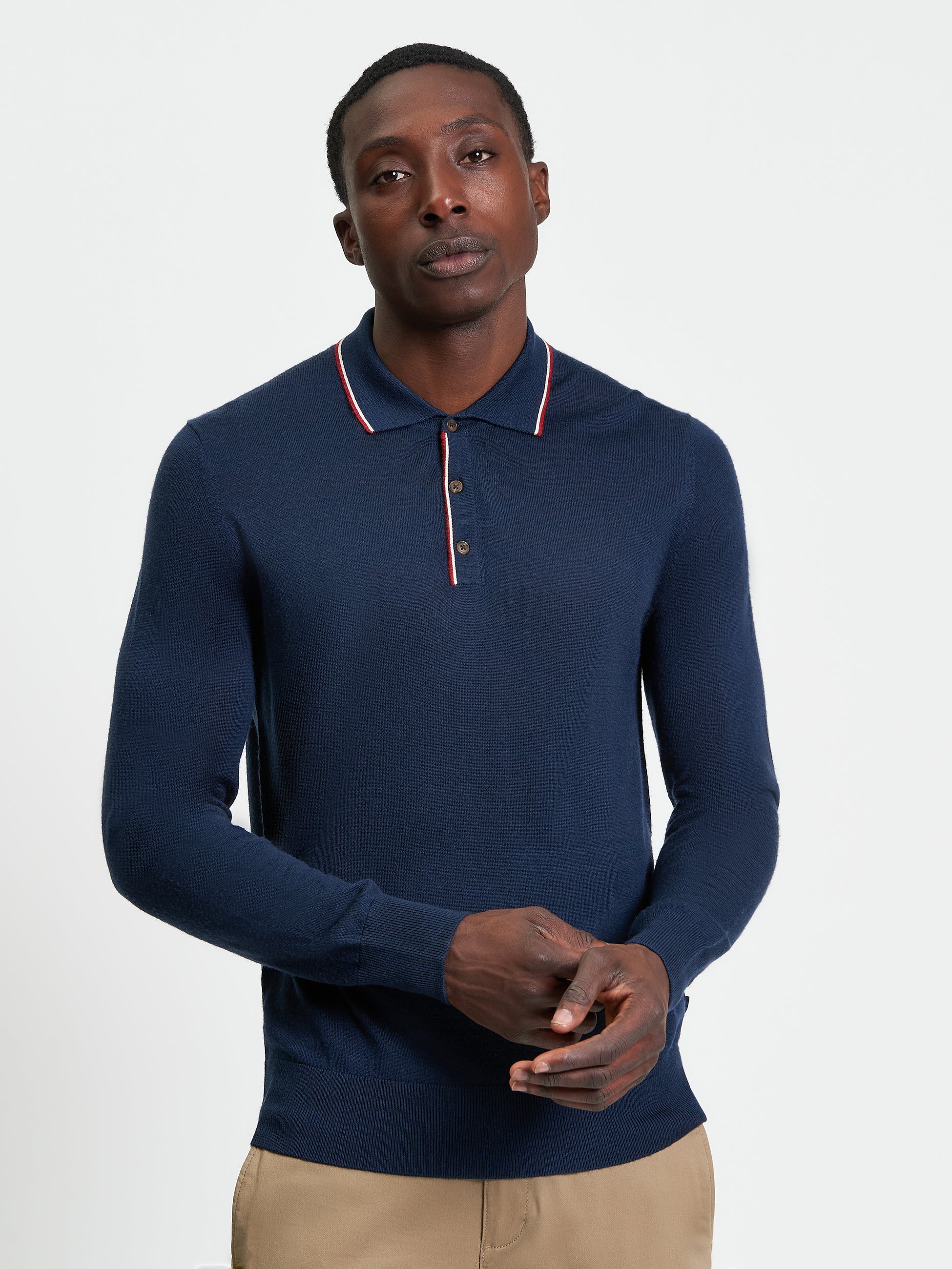 Tipped Merino Wool Polo - Dark Navy - Front
