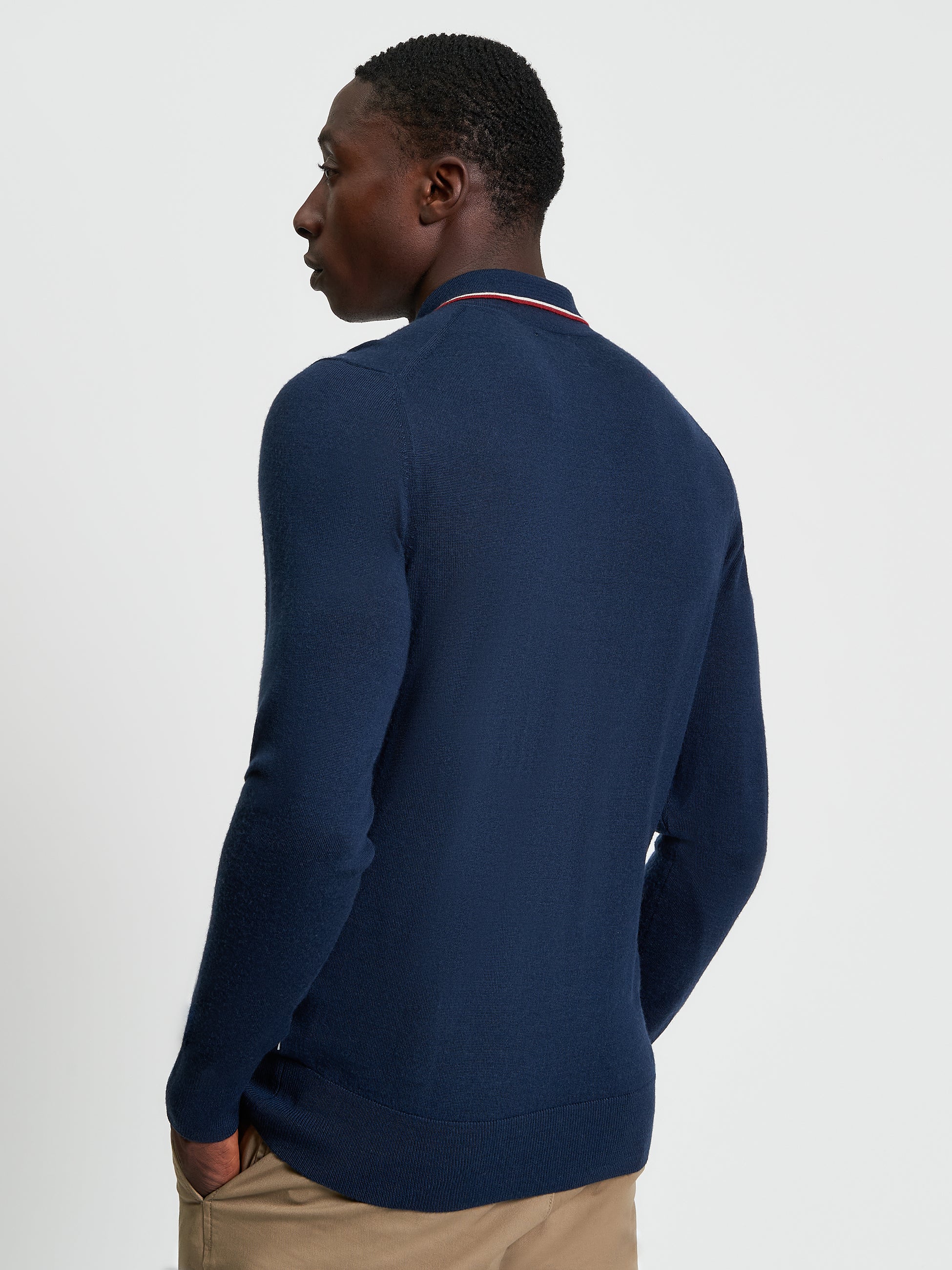 Tipped Merino Wool Polo - Dark Navy - Back
