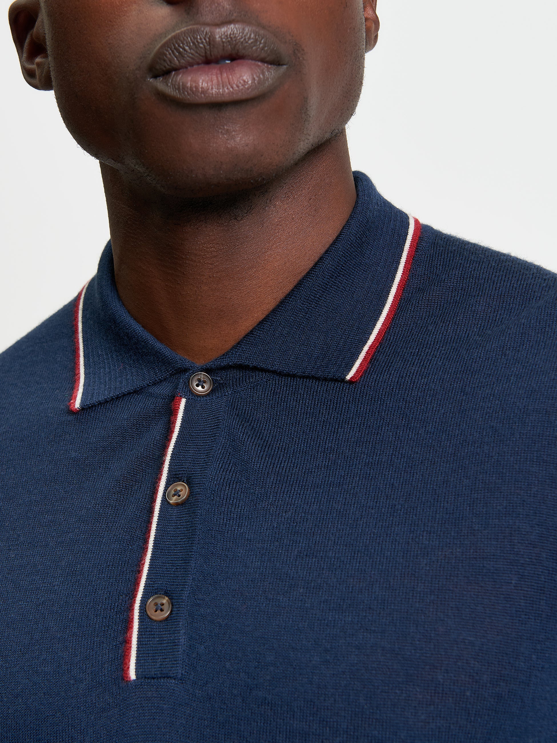 Tipped Merino Wool Polo - Dark Navy - Close Up