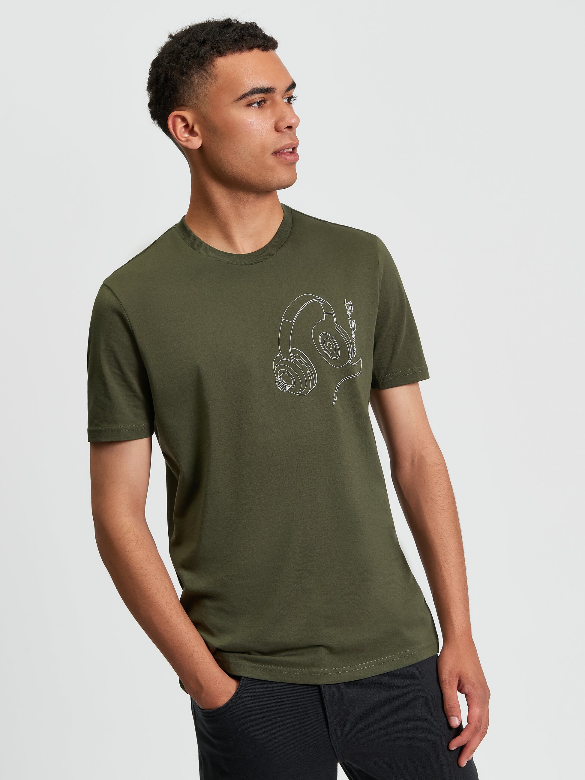 Headphone Print Graphic T-Shirt Khaki