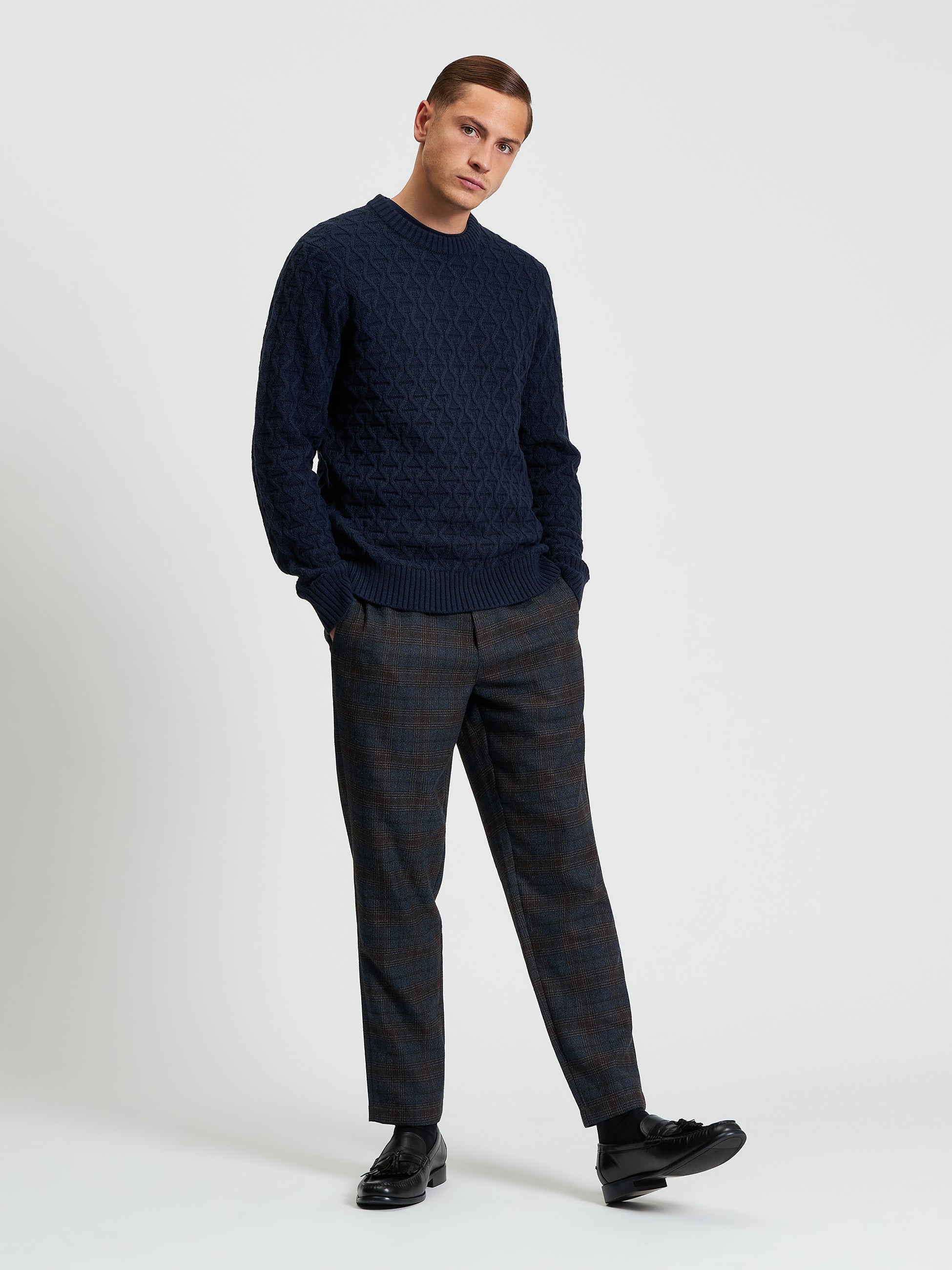 Check Slim Taper Trouser - Dark Navy Full Length