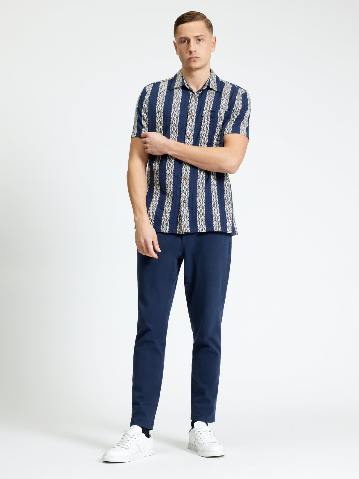 Short Sleeve Block Geo Jacquard Stripe Shirt - Twilight Denim - Carnaby