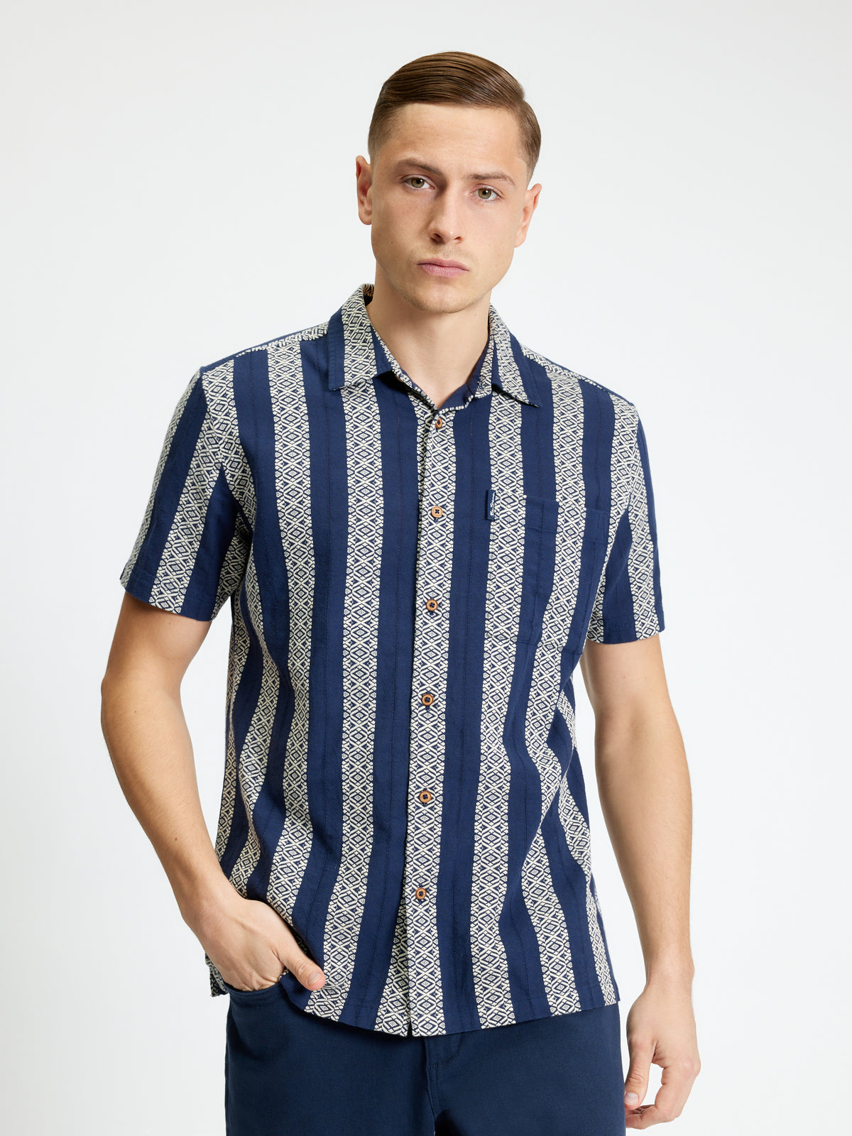 Short Sleeve Block Geo Jacquard Stripe Shirt - Twilight Denim - Styled