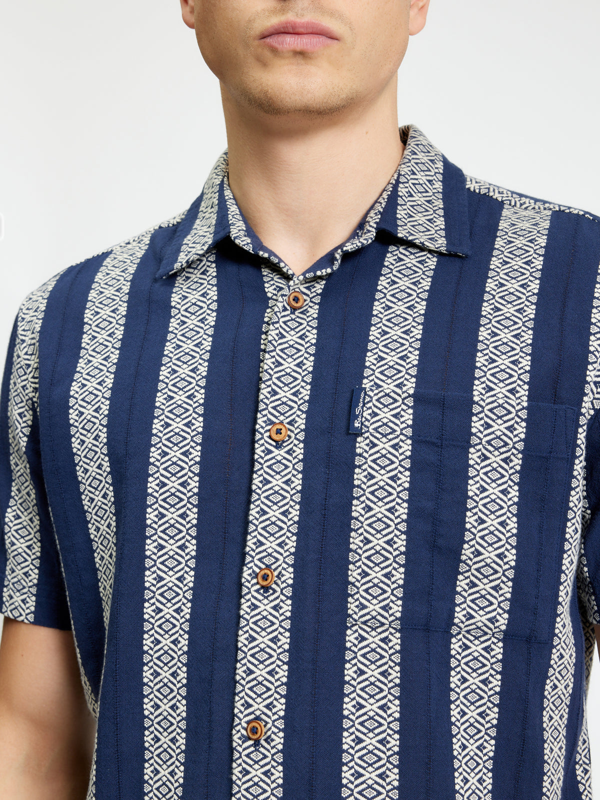 Short Sleeve Block Geo Jacquard Stripe Shirt - Twilight Denim - Close-Up