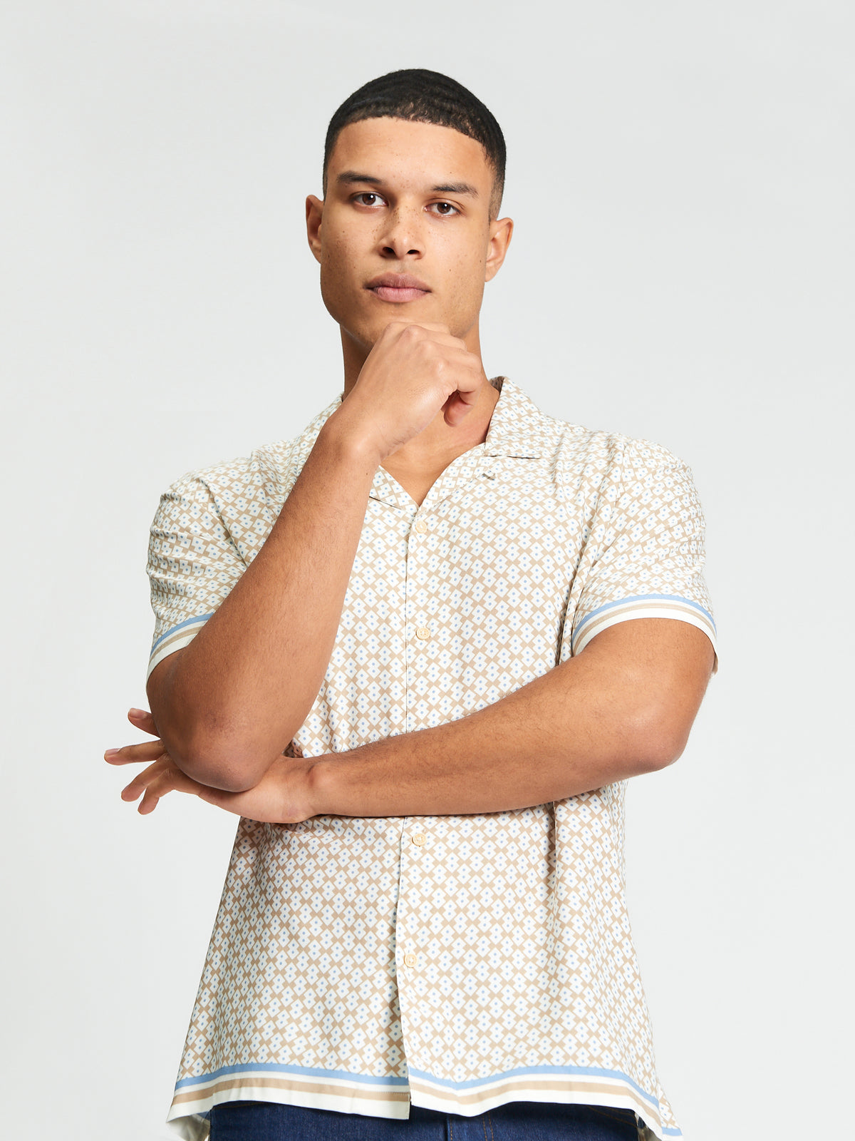 Short Sleeve Geo Border Print Shirt - Sand - Styled