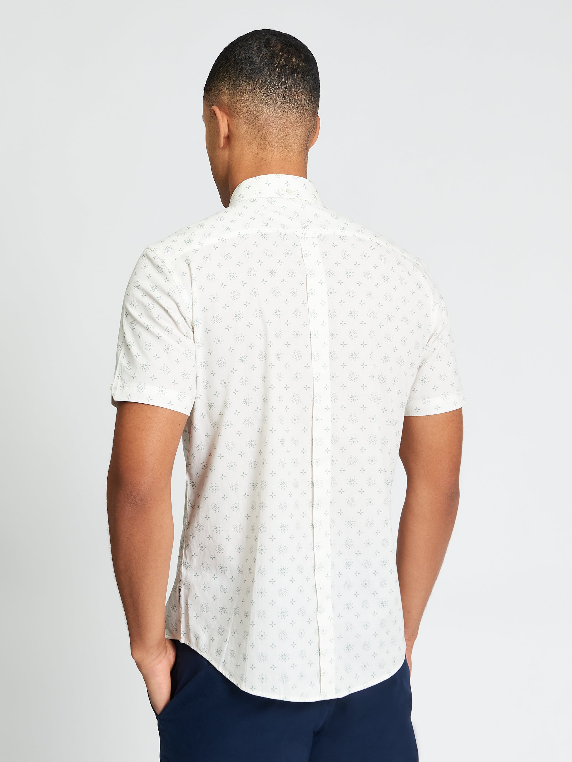 Short Sleeve Scattered Geo Print Shirt - Sage - Back View