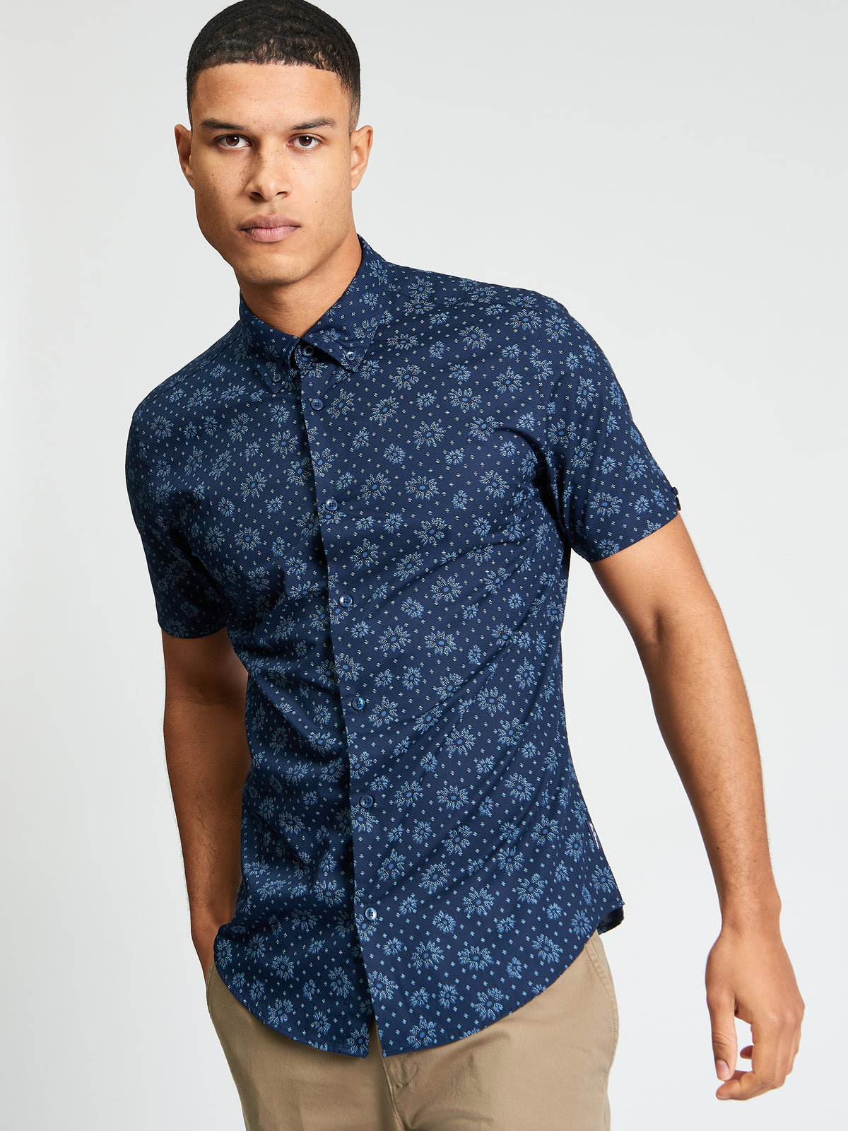 Short Sleeve Floral Geo Print Shirt - Dark Navy - Styled