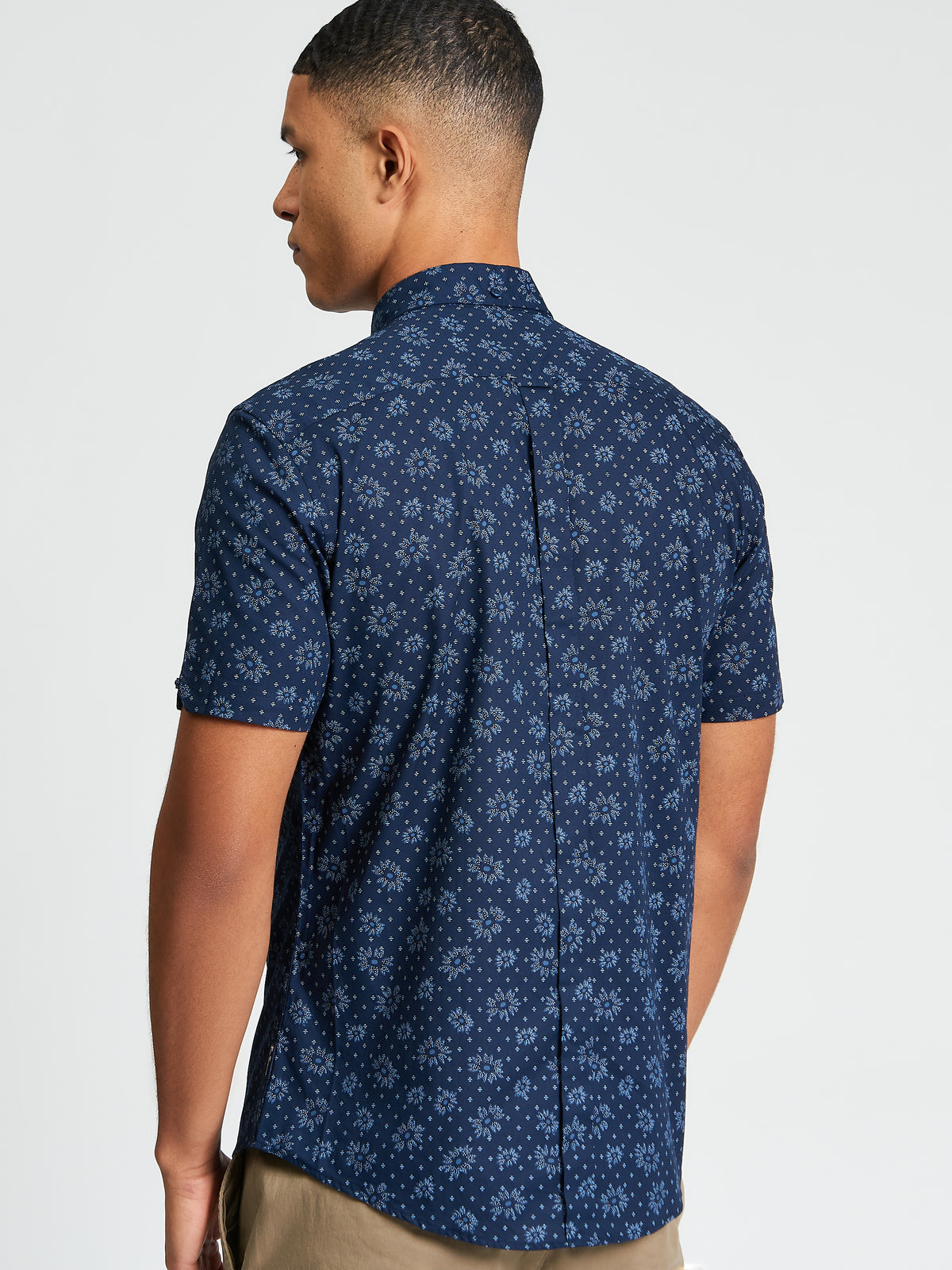 Short Sleeve Floral Geo Print Shirt - Dark Navy - Back View