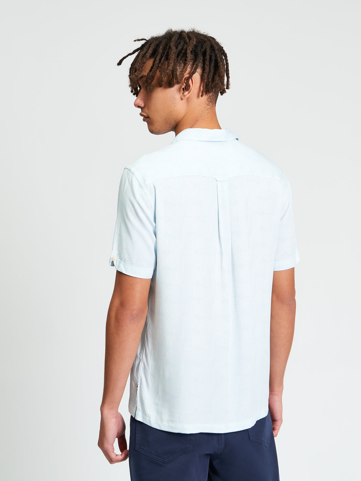 Short Sleeve Linear Print Shirt - Powder Blue - Back View