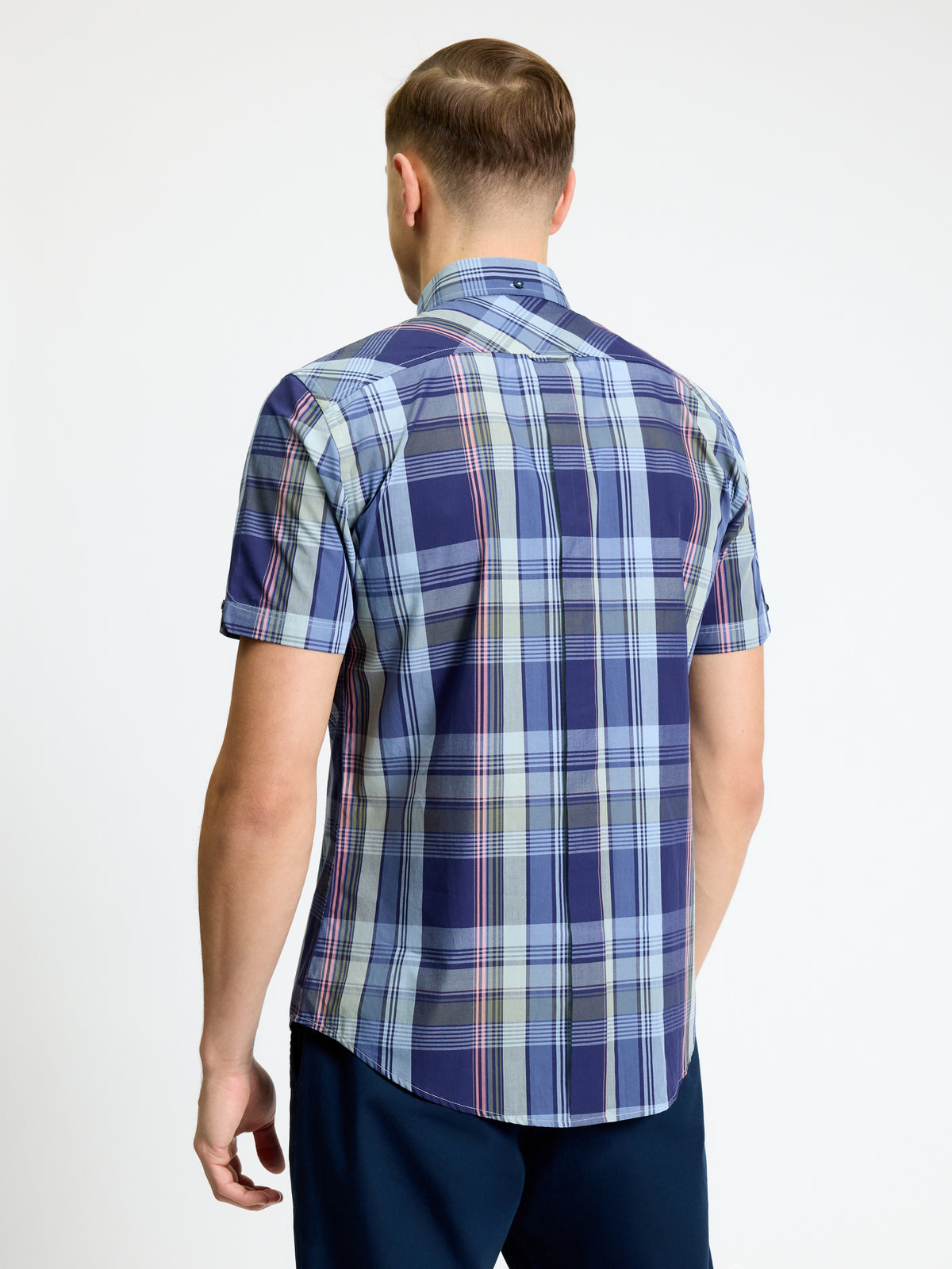 Short Sleeve Block Check Shirt - Twilight Denim - Back View