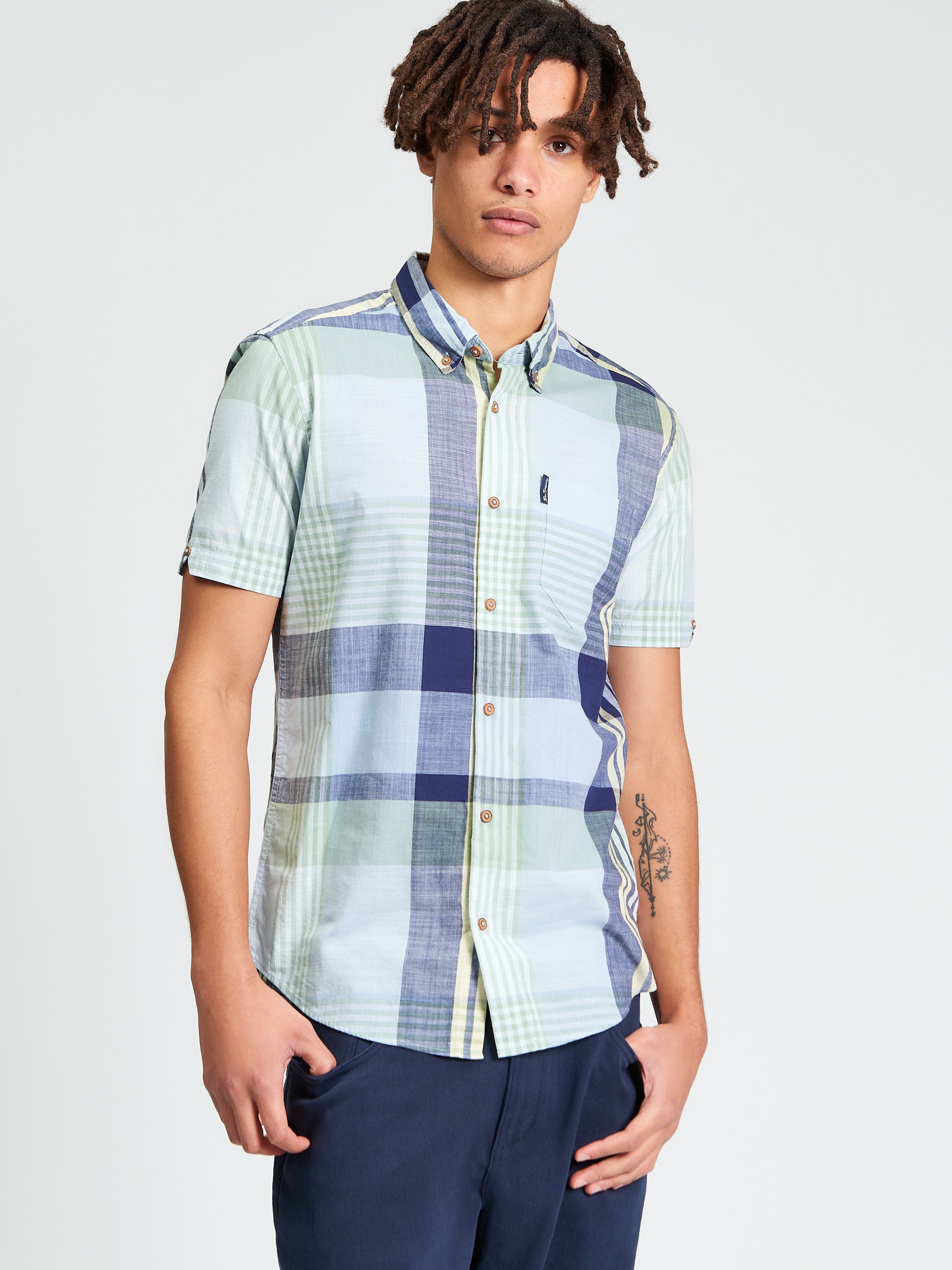 Short Sleeve Large Madras Check Shirt - Powder Blue - Styled