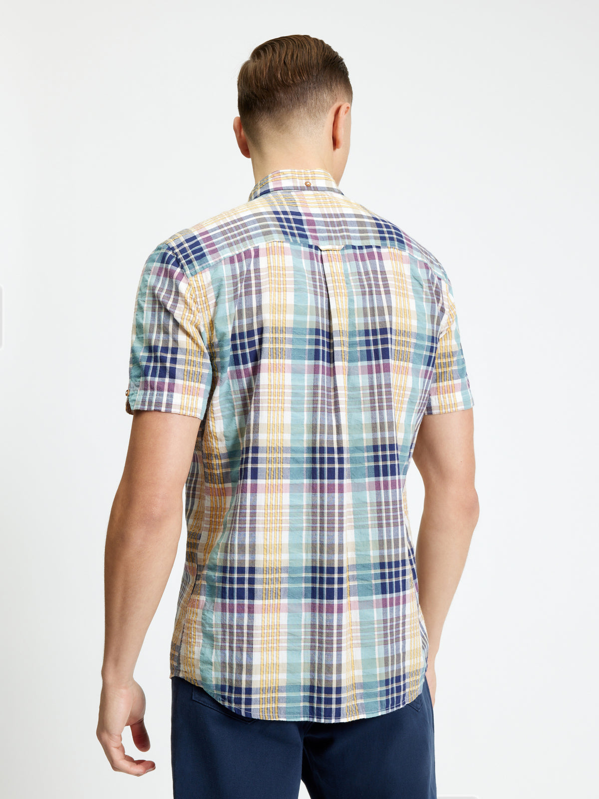Short Sleeve Seersucker Check Shirt - Aqua - Back View