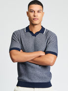 Bi Coloured Textured Polo – navy and grey striped cotton polo shirt with short sleeves and contrast collar.